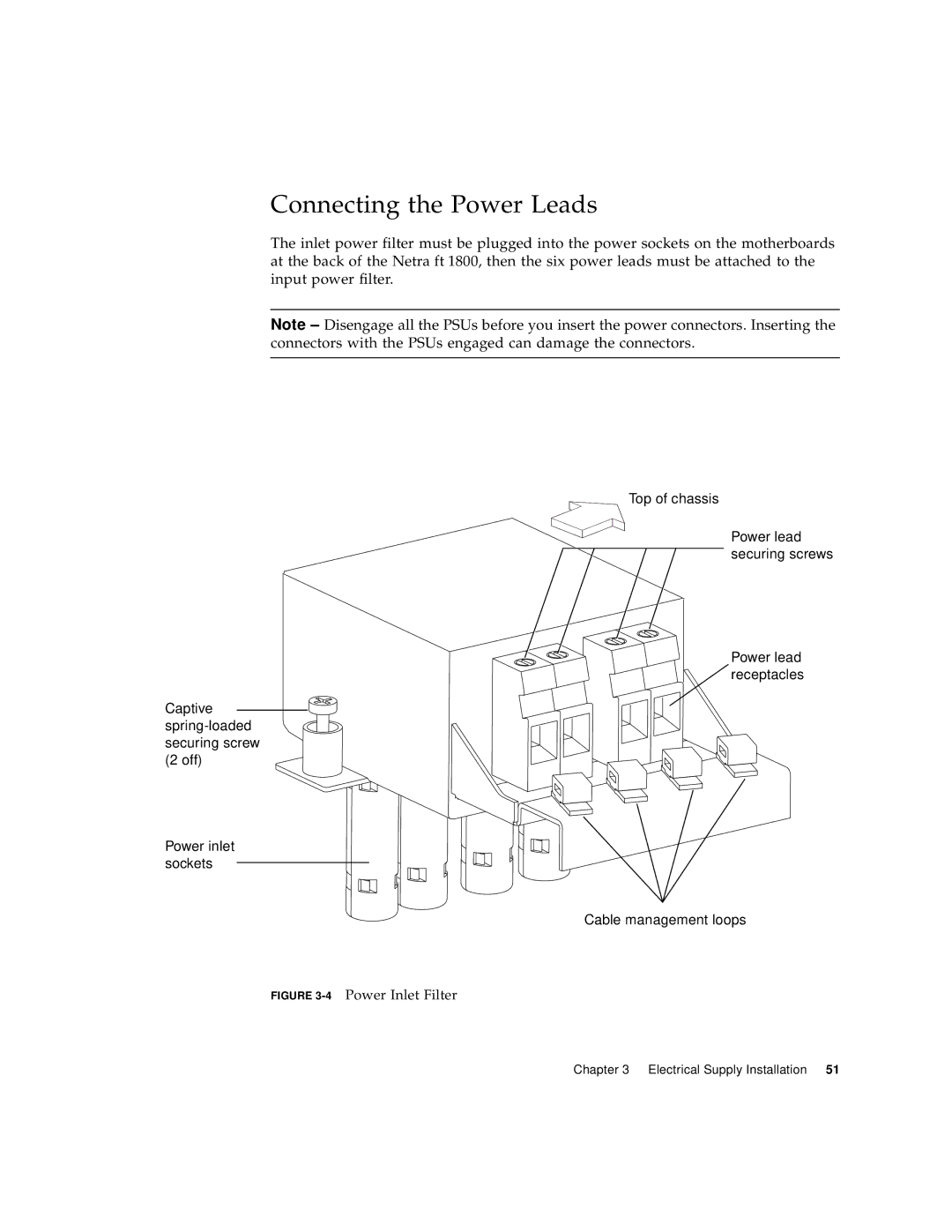 Sun Microsystems 1800 manual Connecting the Power Leads, 4Power Inlet Filter 