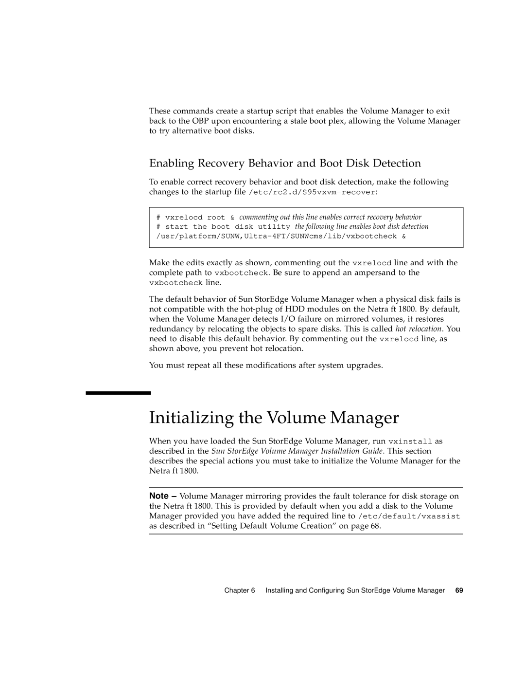 Sun Microsystems 1800 manual Initializing the Volume Manager, Enabling Recovery Behavior and Boot Disk Detection 