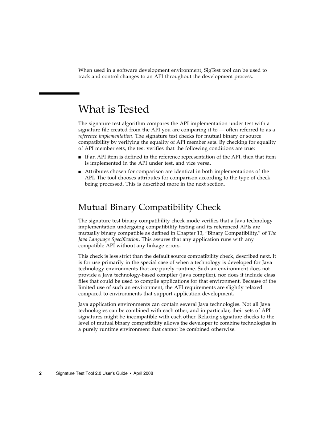 Sun Microsystems 2 manual What is Tested, Mutual Binary Compatibility Check 