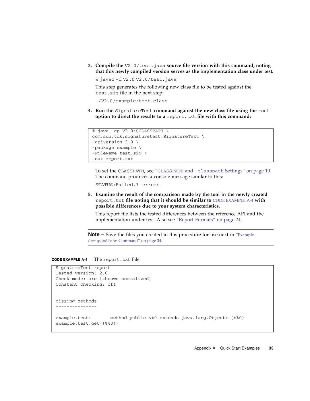 Sun Microsystems manual Javac -d V2.0 V2.0/test.java, V2.0/example/test.class, STATUSFailed.3 errors 