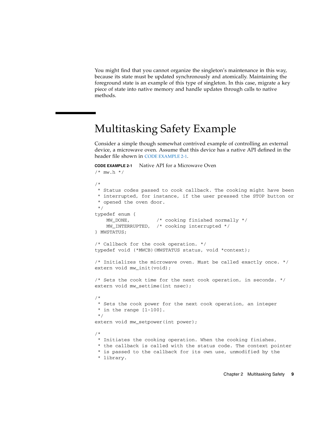 Sun Microsystems manual Multitasking Safety Example, Code Example 2-1Native API for a Microwave Oven 