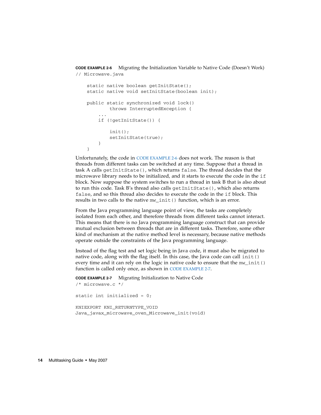 Sun Microsystems manual Code Example 2-7Migrating Initialization to Native Code 