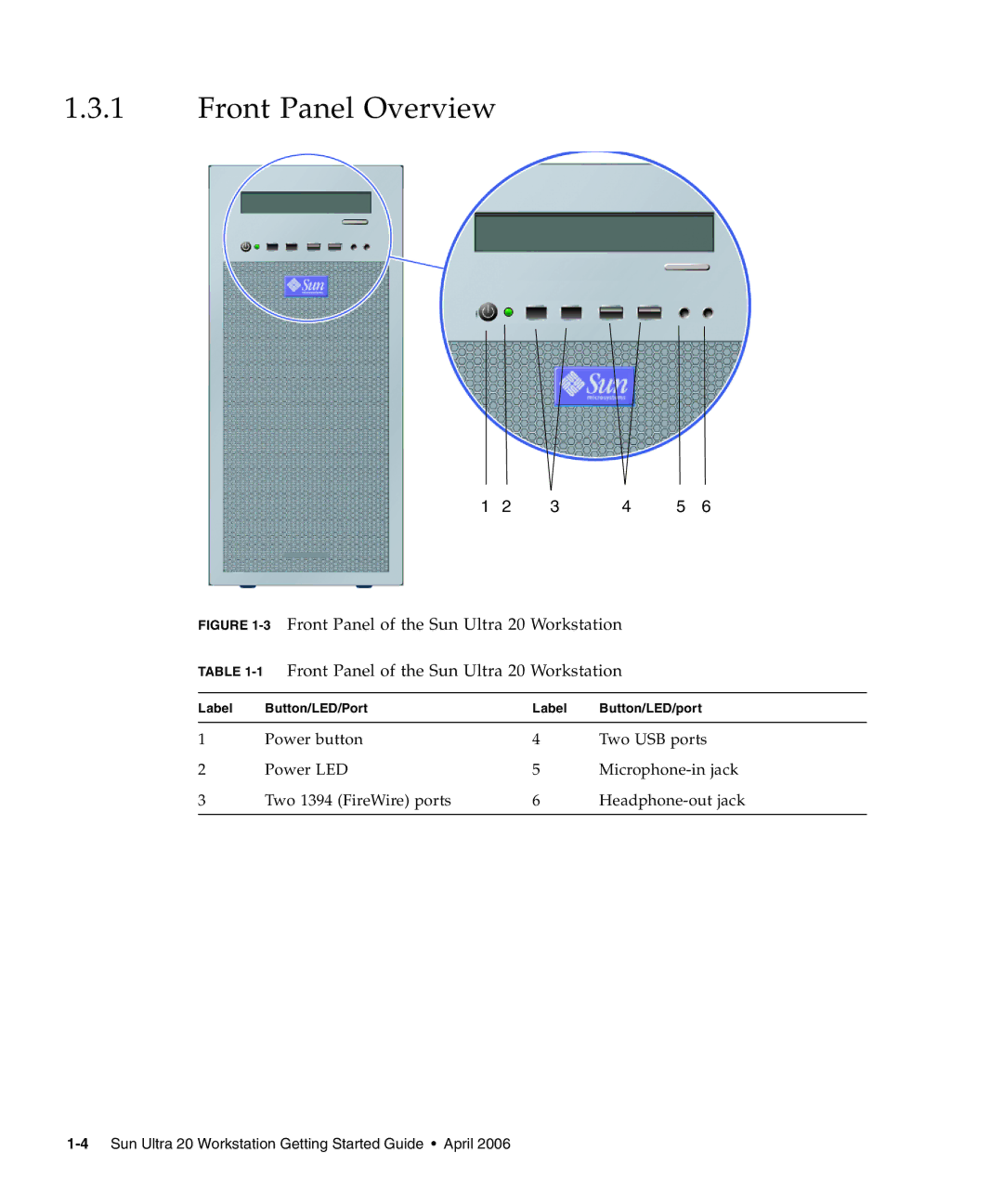 Sun Microsystems manual Front Panel Overview, Front Panel of the Sun Ultra 20 Workstation 