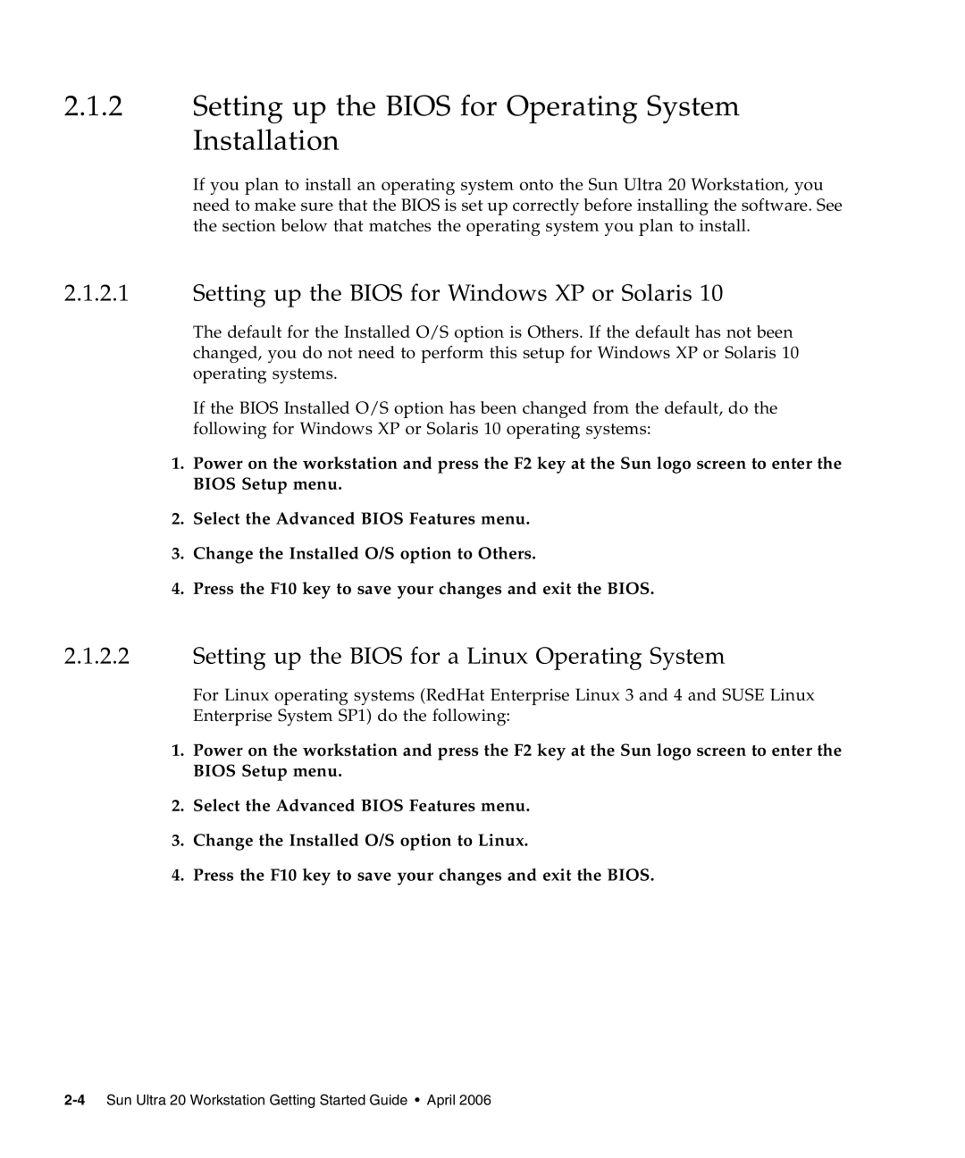 Sun Microsystems 20 Setting up the Bios for Operating System Installation, Setting up the Bios for Windows XP or Solaris 