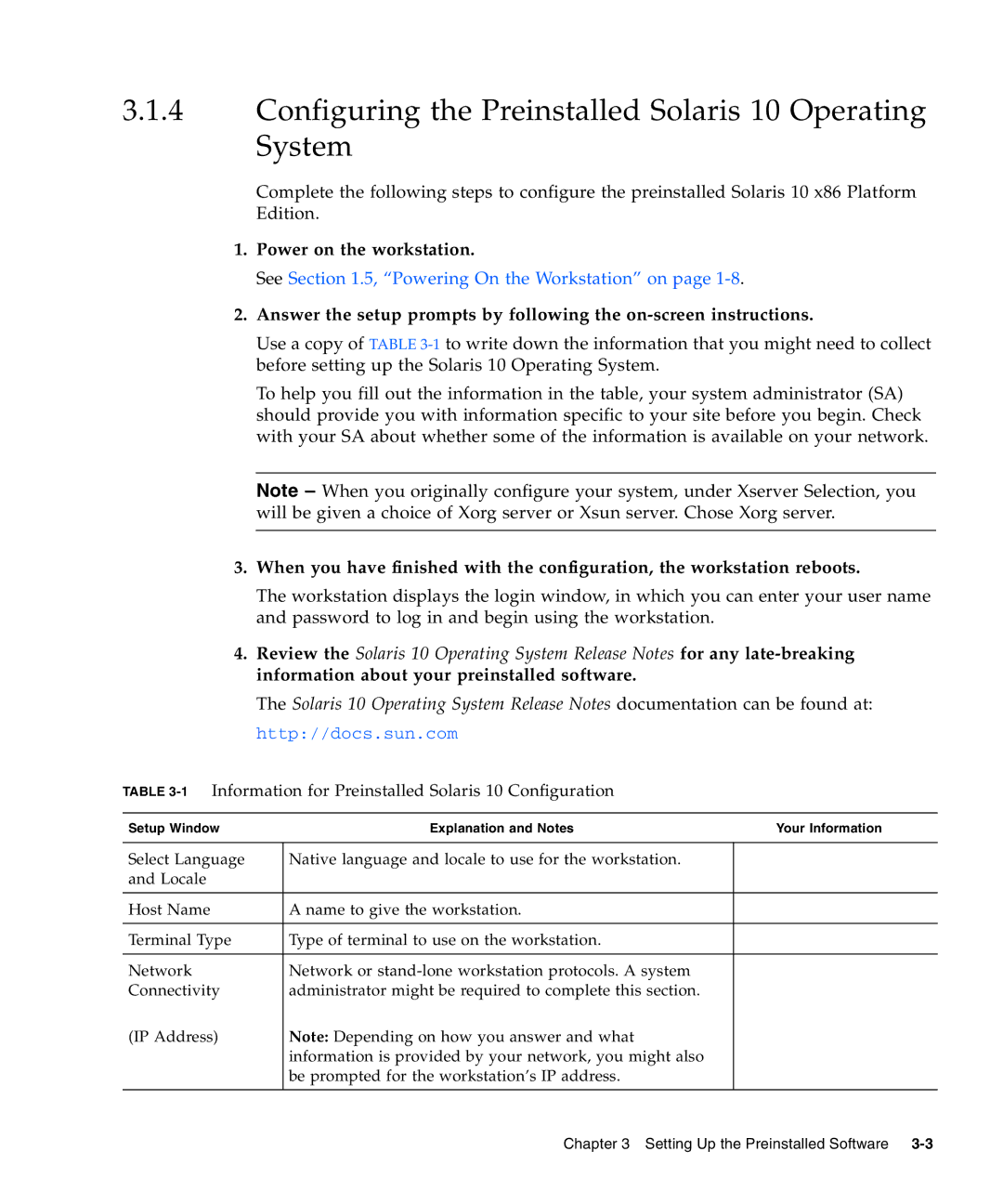 Sun Microsystems 20 manual Configuring the Preinstalled Solaris 10 Operating System, Power on the workstation 