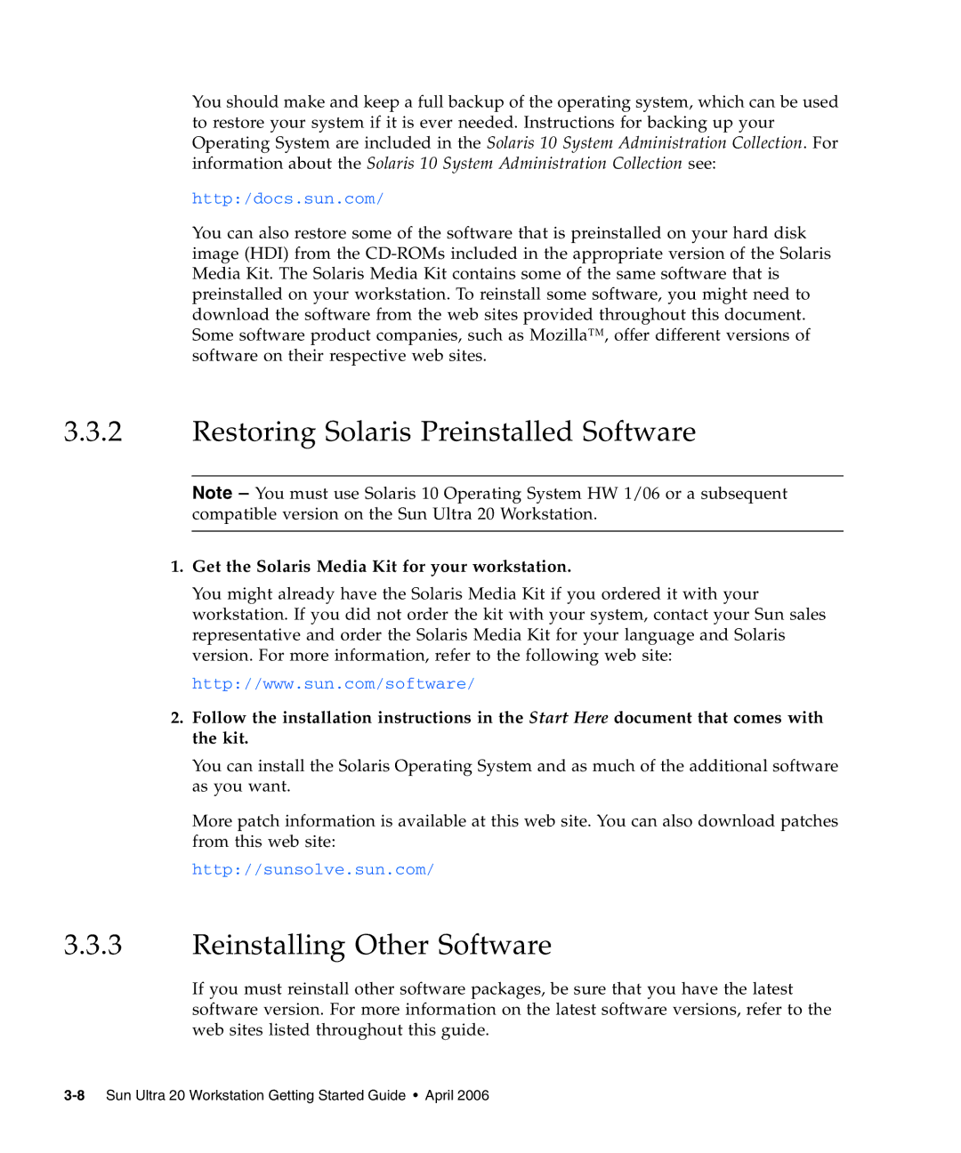 Sun Microsystems 20 manual Restoring Solaris Preinstalled Software, Reinstalling Other Software 