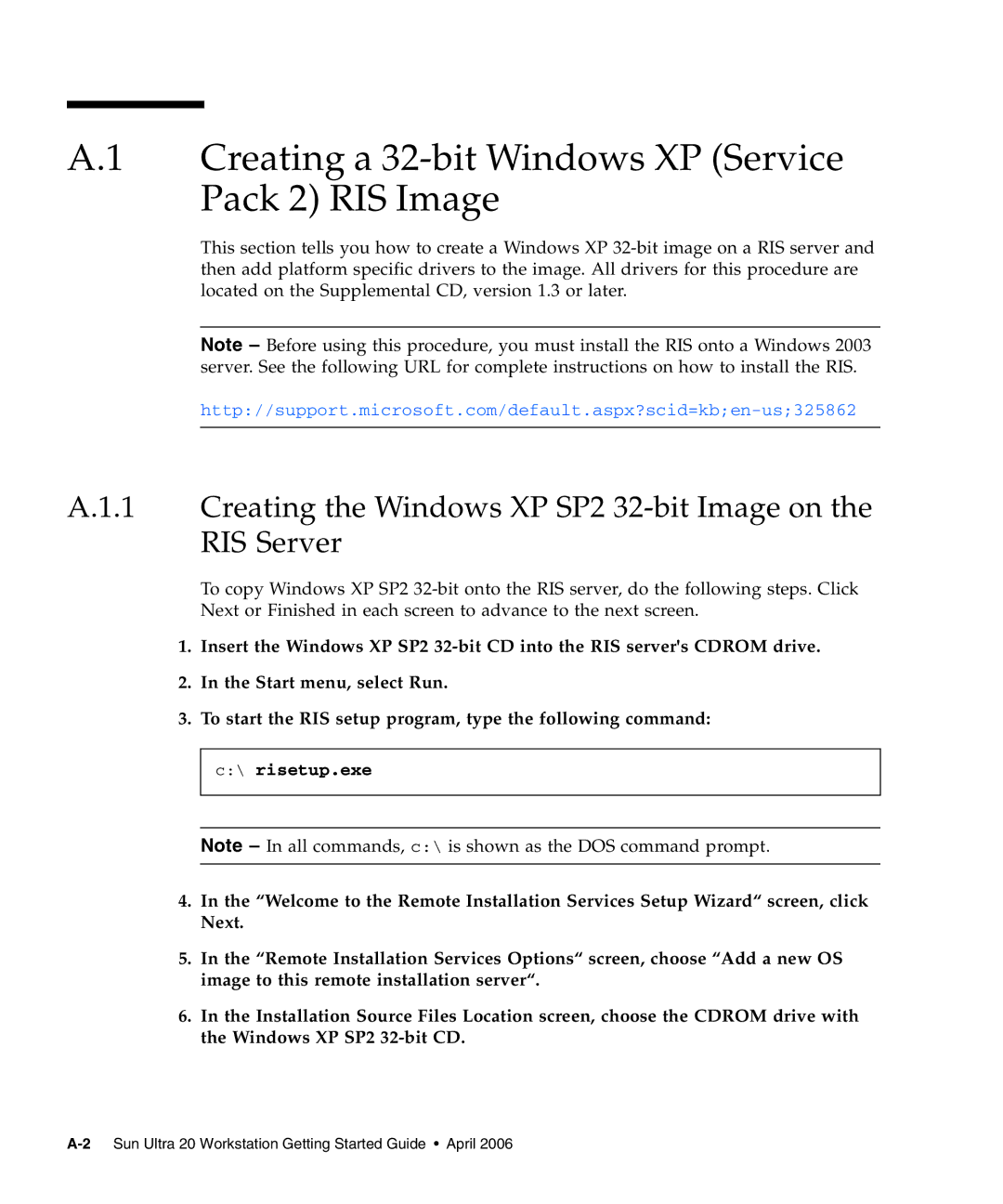 Sun Microsystems 20 manual Creating a 32-bit Windows XP Service Pack 2 RIS Image 