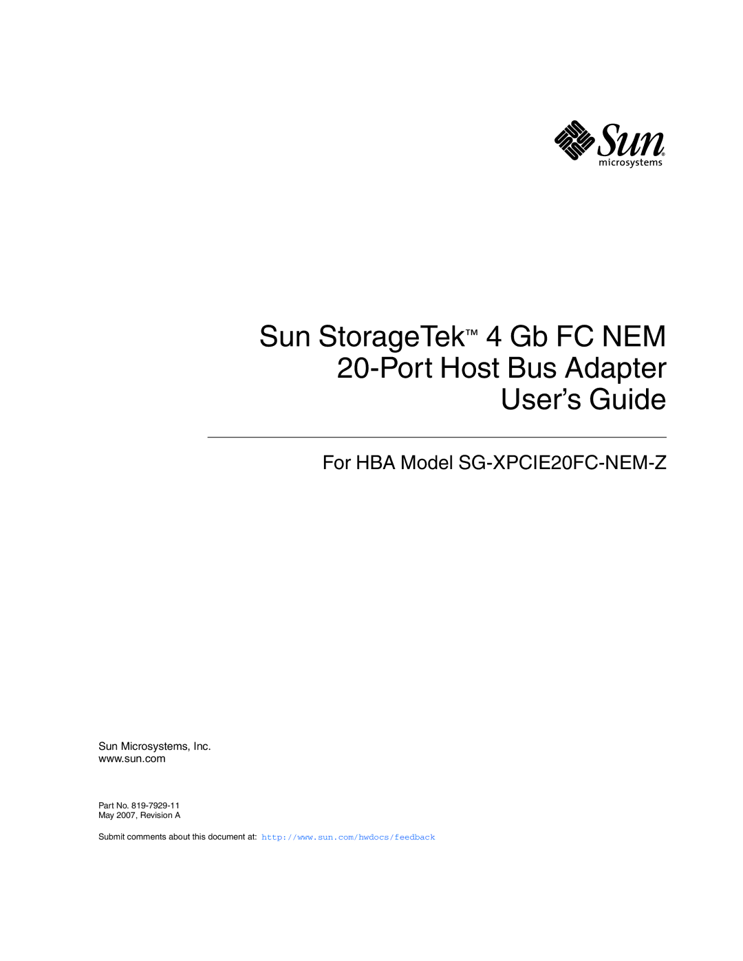 Sun Microsystems 2.0 manual For HBA Model SG-XPCIE20FC-NEM-Z 