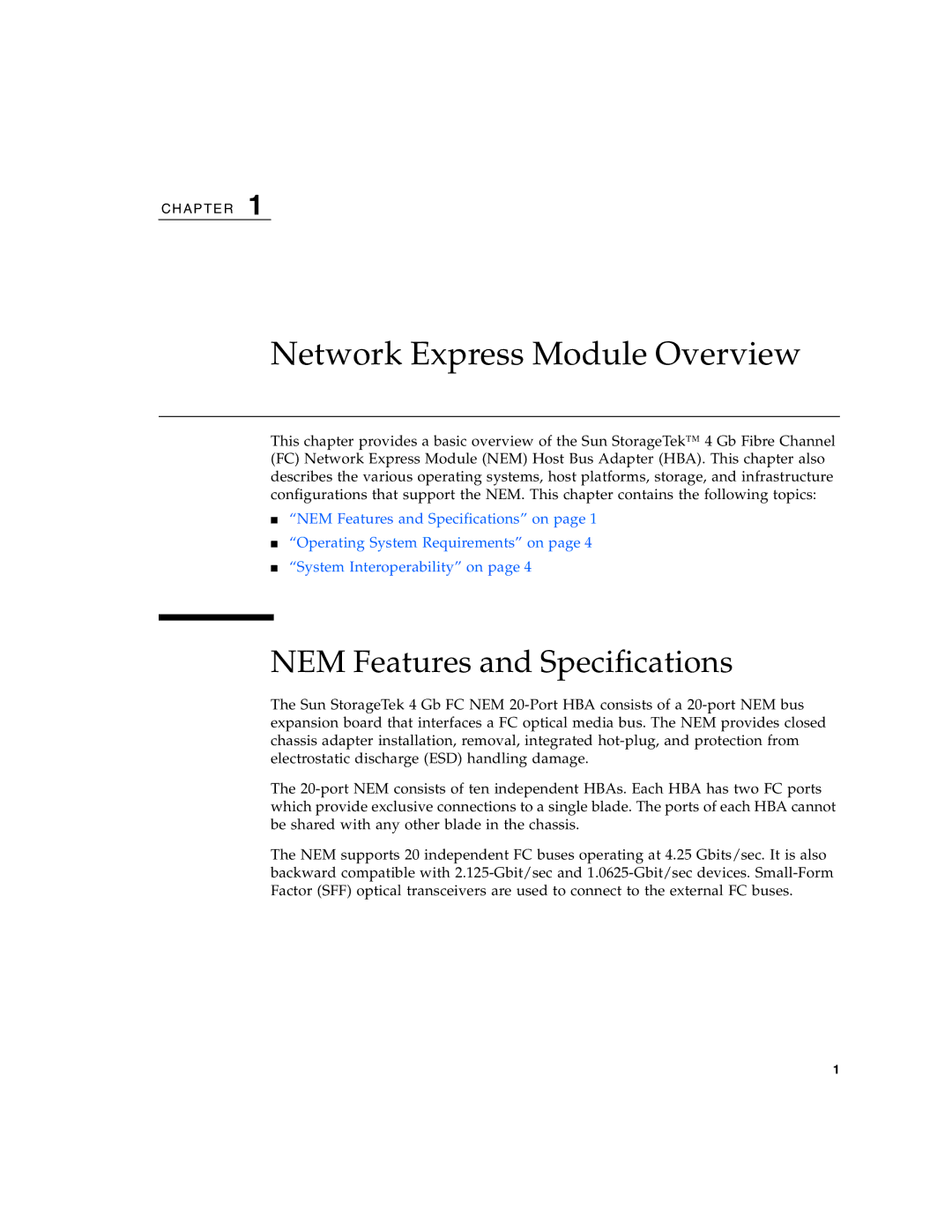 Sun Microsystems 2.0 manual Network Express Module Overview, NEM Features and Specifications 