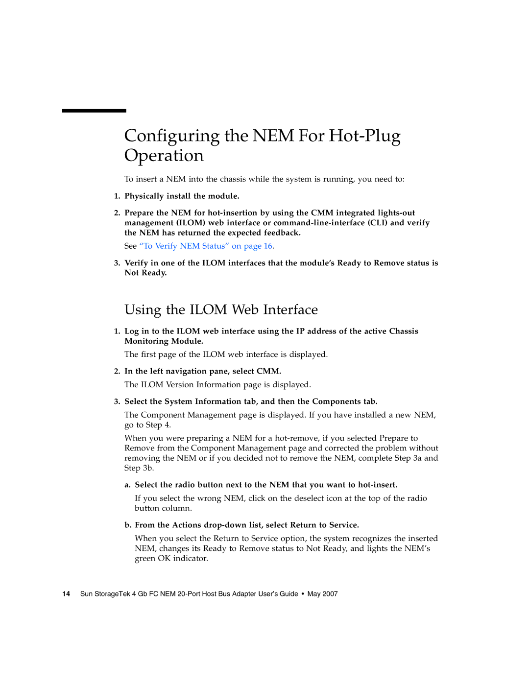 Sun Microsystems 2.0 manual Configuring the NEM For Hot-Plug Operation, Using the Ilom Web Interface 