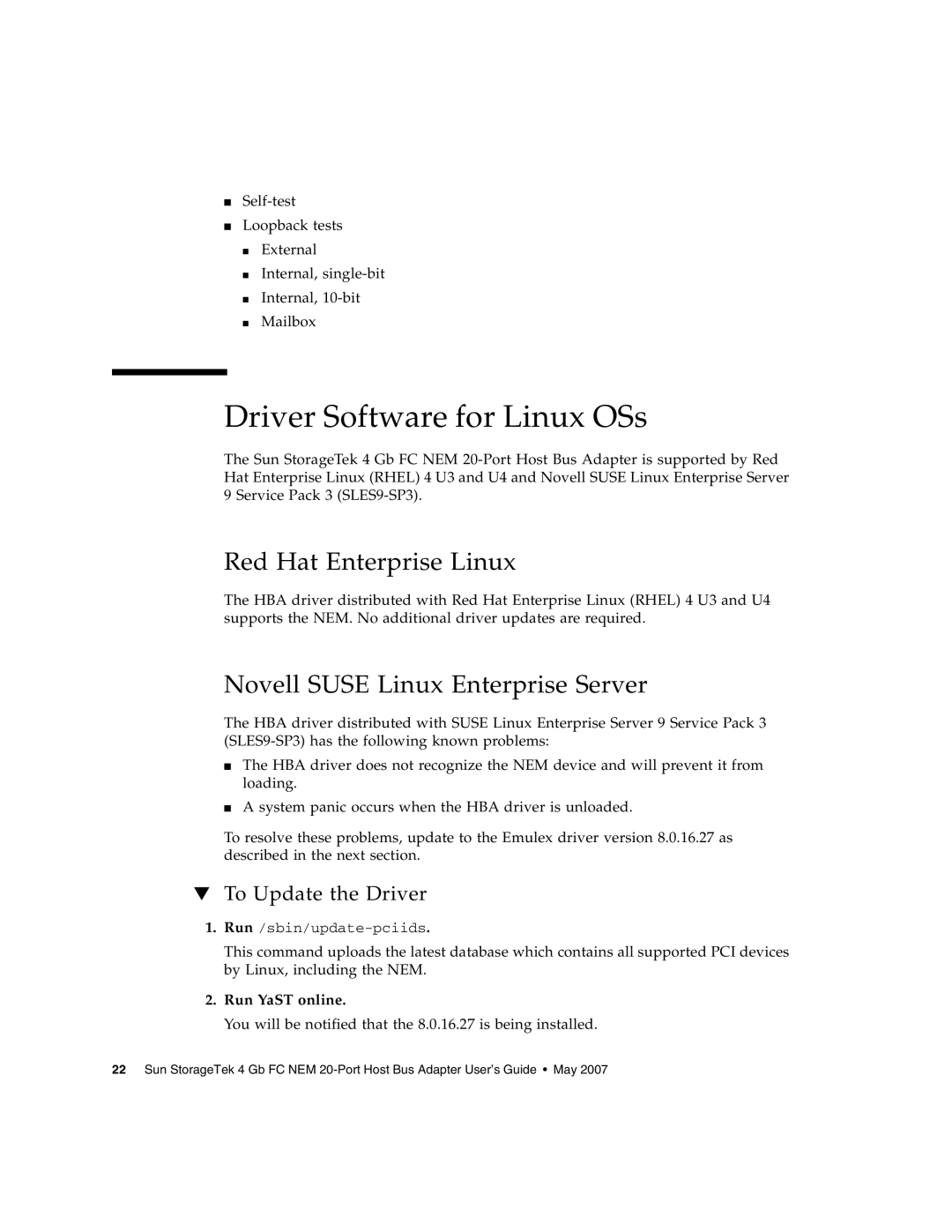 Sun Microsystems 2.0 manual Driver Software for Linux OSs, Red Hat Enterprise Linux, Novell Suse Linux Enterprise Server 