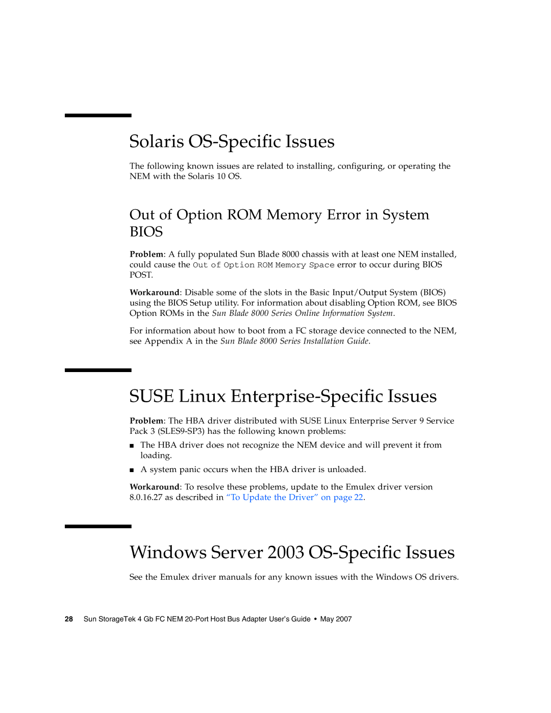 Sun Microsystems 2.0 manual Solaris OS-Specific Issues, Suse Linux Enterprise-Specific Issues 