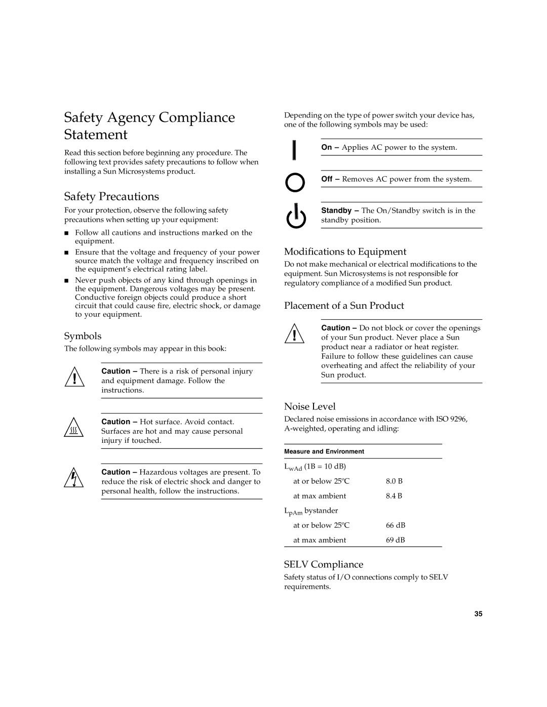 Sun Microsystems 2.0 manual Safety Agency Compliance Statement, Safety Precautions 