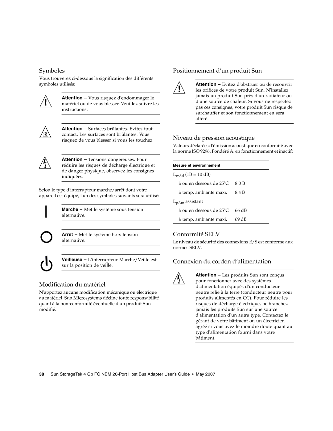 Sun Microsystems 2.0 manual Symboles, Modification du matériel, Conformité Selv, Connexion du cordon d’alimentation 