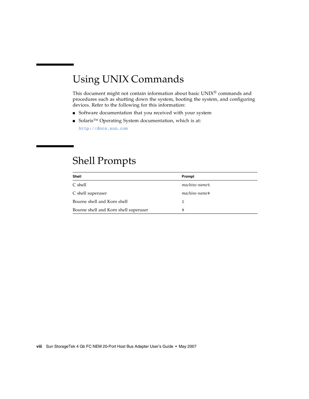 Sun Microsystems 2.0 manual Using Unix Commands, Shell Prompts 