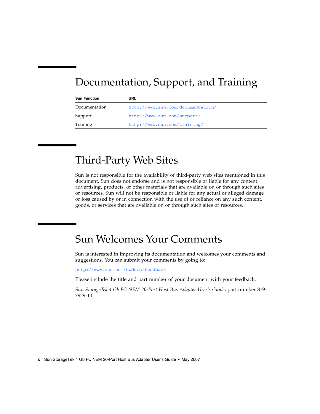 Sun Microsystems 2.0 Documentation, Support, and Training, Third-Party Web Sites, Sun Welcomes Your Comments, Sun Function 