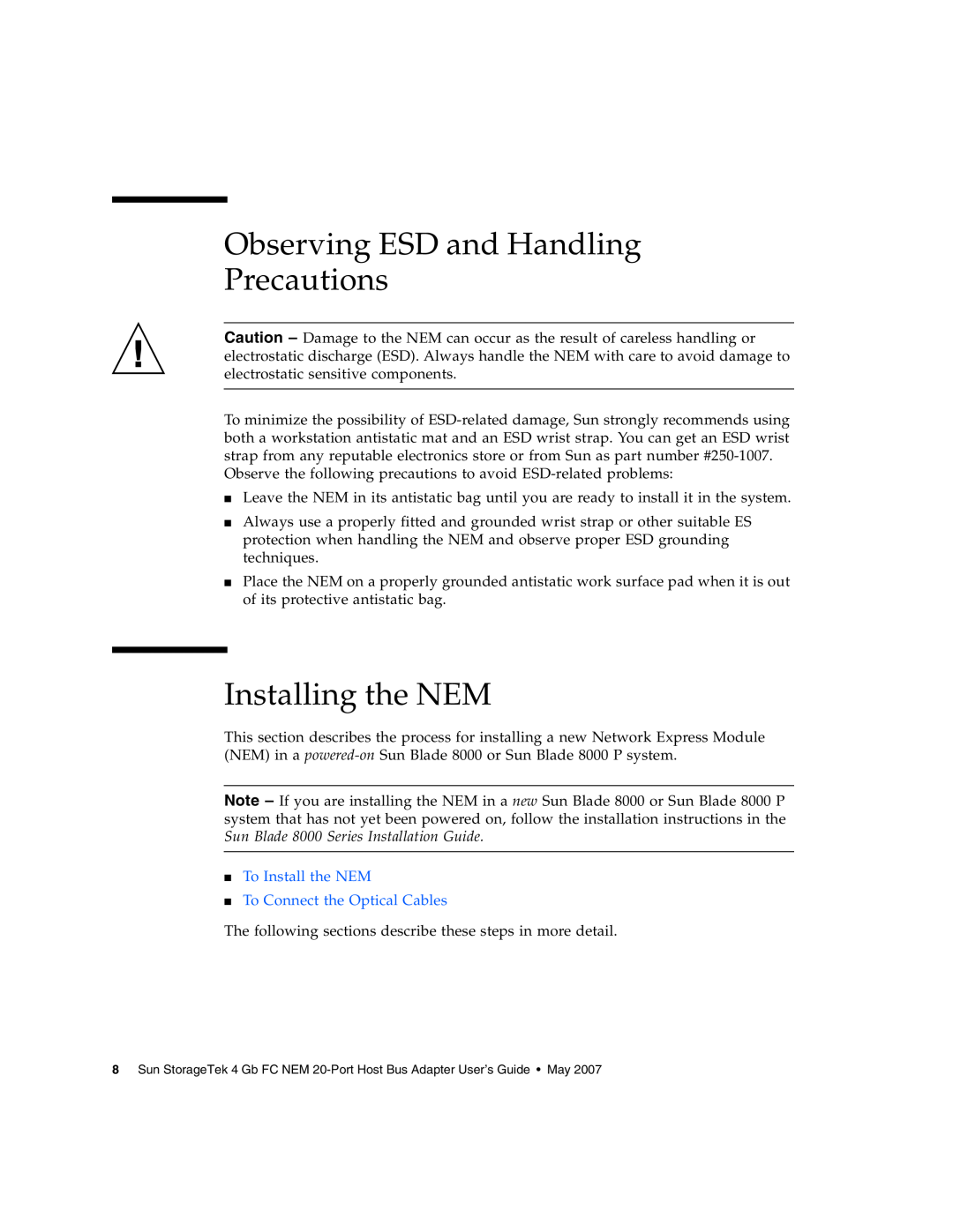 Sun Microsystems 2.0 manual Observing ESD and Handling Precautions, Installing the NEM 