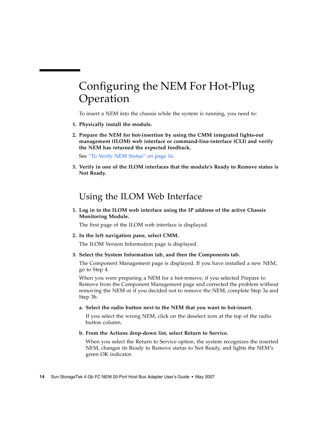 Sun Microsystems 2.0 manual Configuring the NEM For Hot-Plug Operation, Using the ILOM Web Interface 