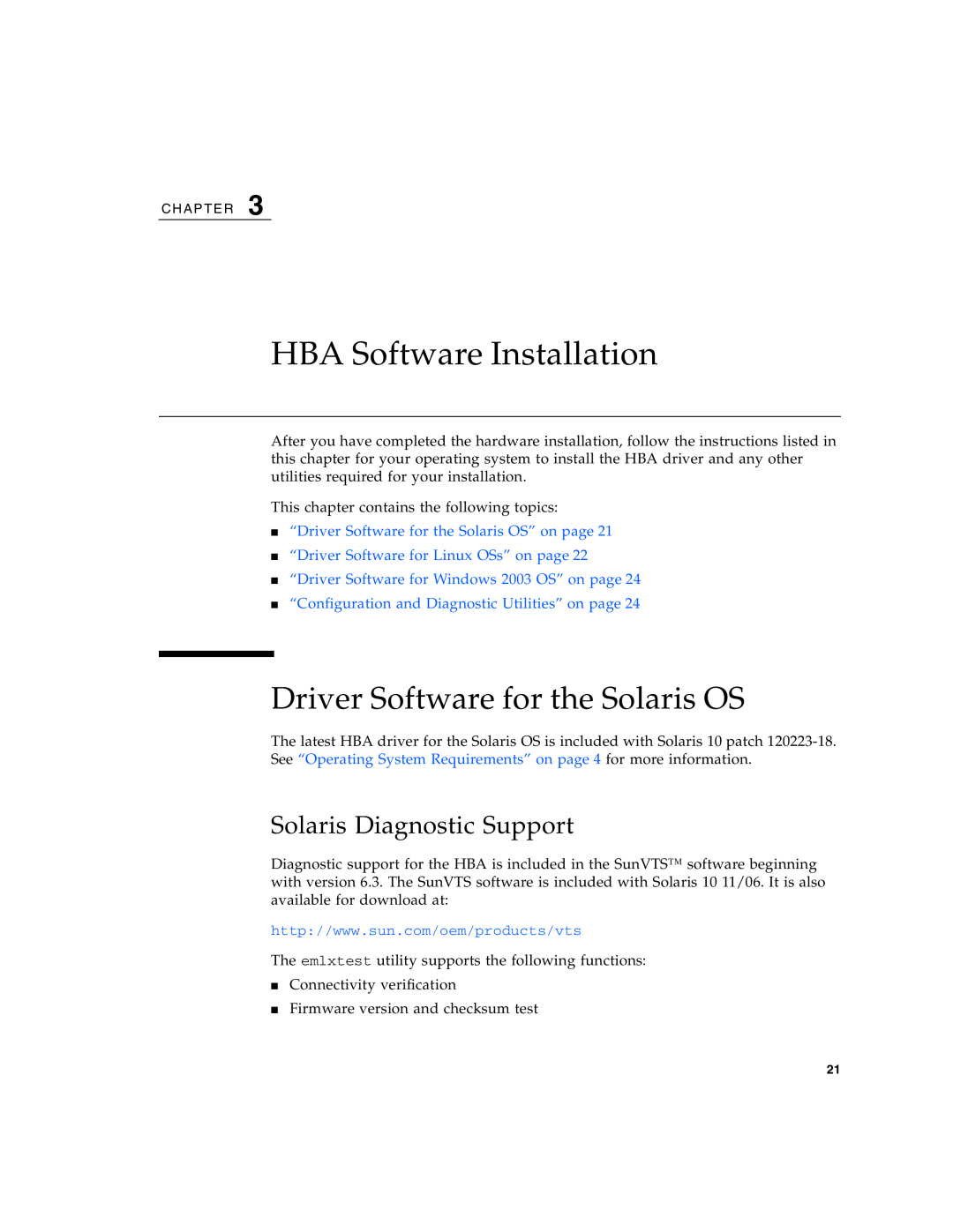 Sun Microsystems 2.0 manual HBA Software Installation, Driver Software for the Solaris OS, Solaris Diagnostic Support 