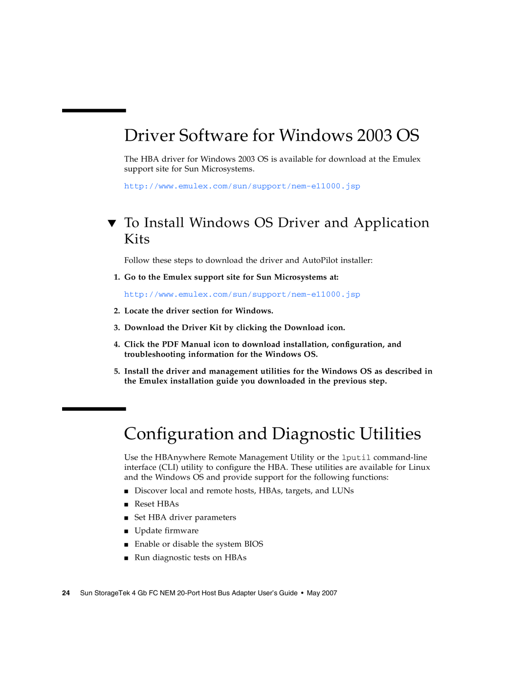 Sun Microsystems 2.0 manual Driver Software for Windows 2003 OS, Configuration and Diagnostic Utilities 