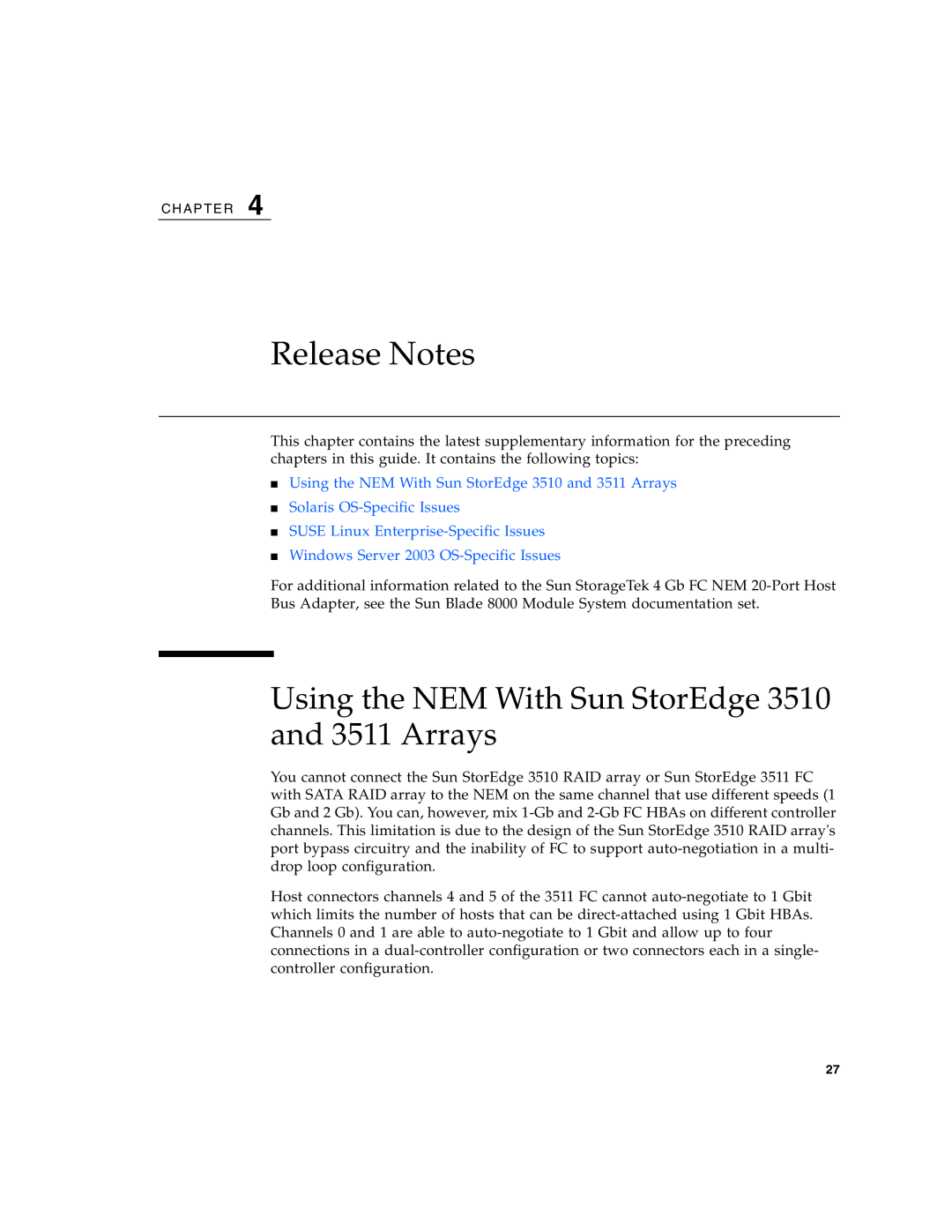 Sun Microsystems 2.0 manual Release Notes, Using the NEM With Sun StorEdge 3510 and 3511 Arrays 