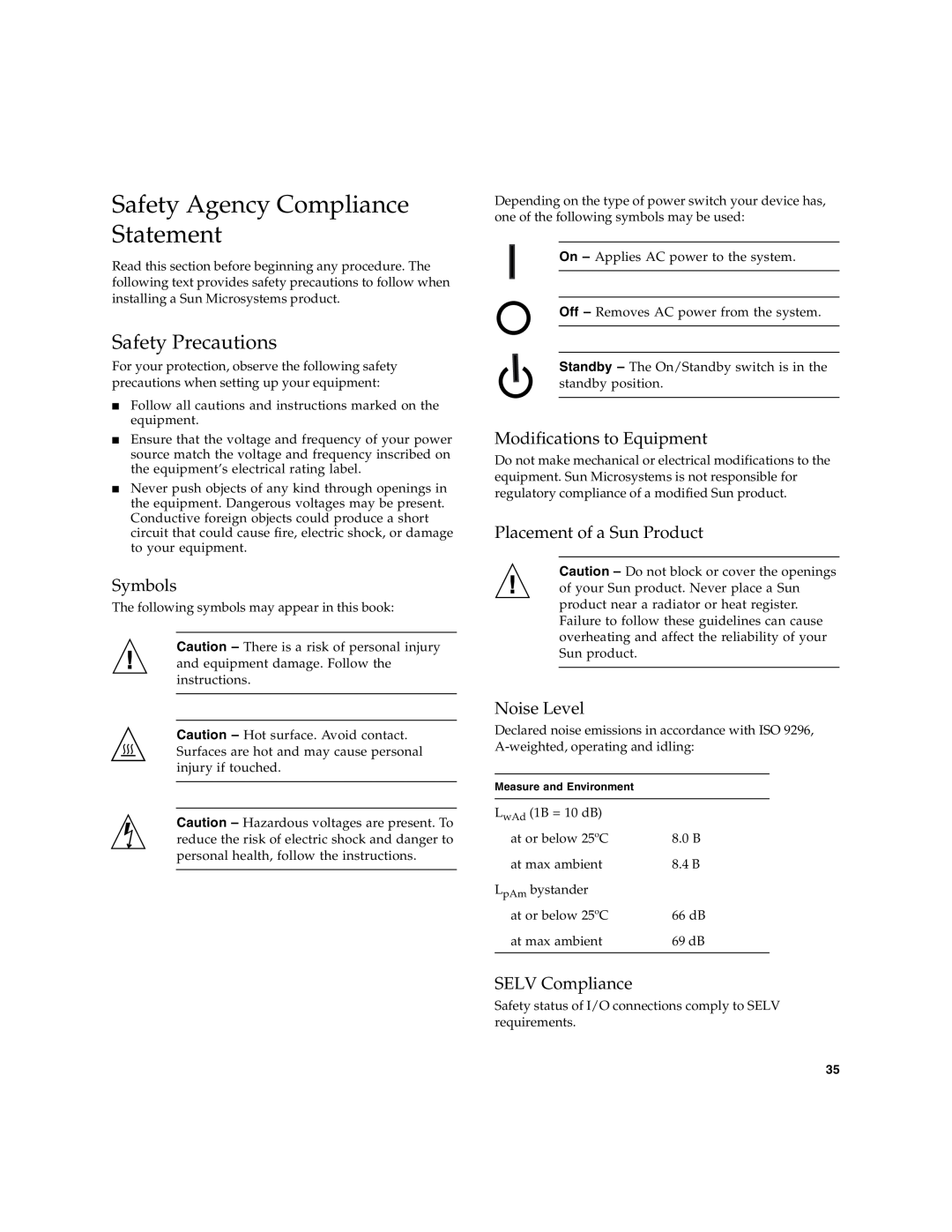 Sun Microsystems 2.0 manual Safety Agency Compliance Statement, Safety Precautions, Symbols, Modifications to Equipment 