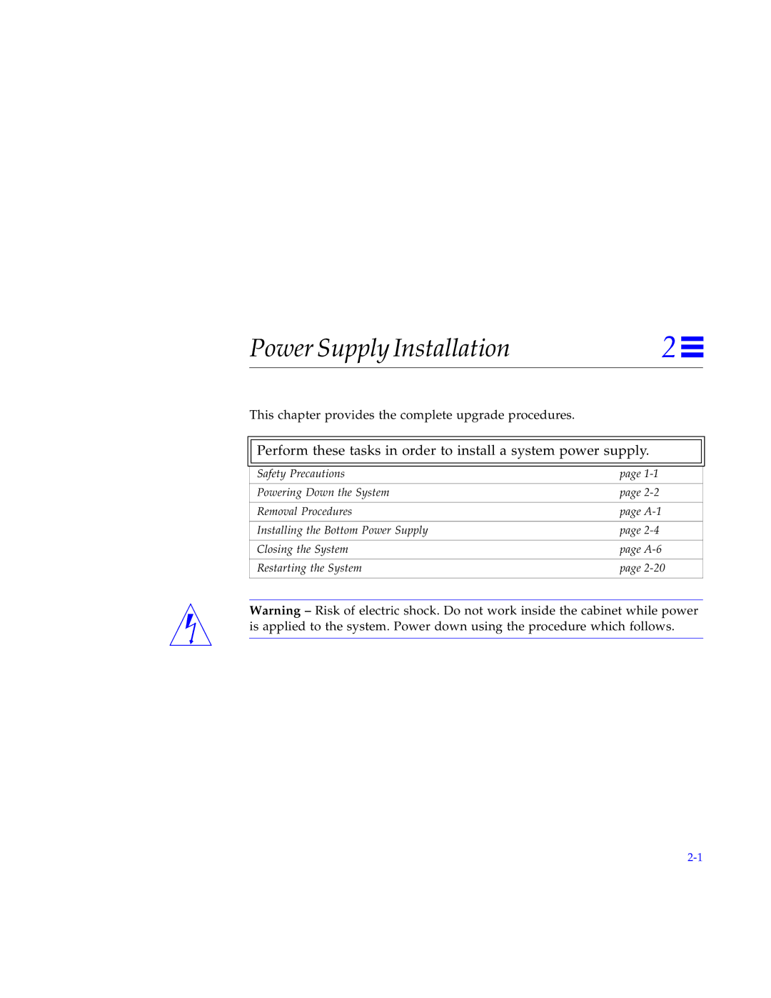 Sun Microsystems 2000E installation manual Power Supply Installation 