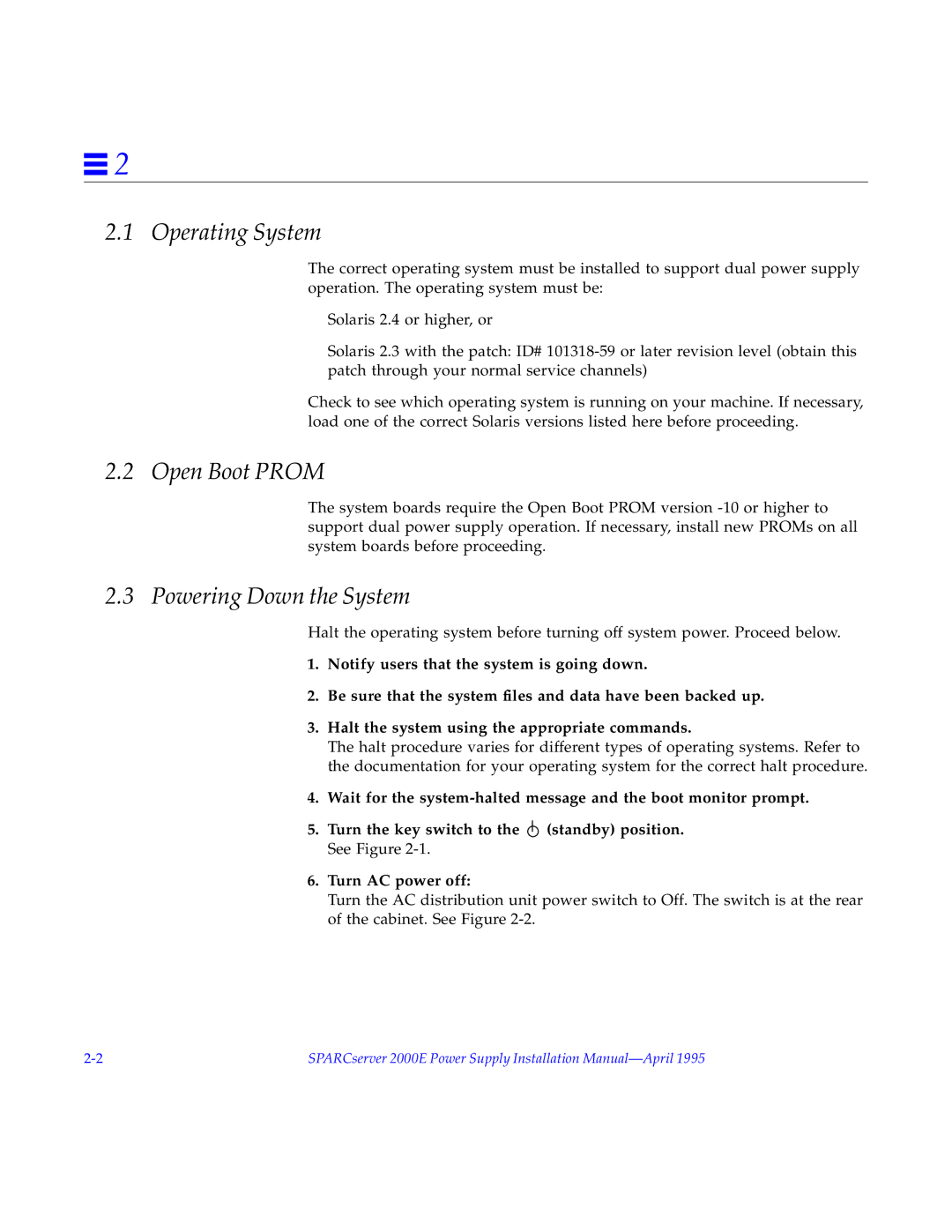 Sun Microsystems 2000E installation manual Operating System, Open Boot Prom, Powering Down the System 