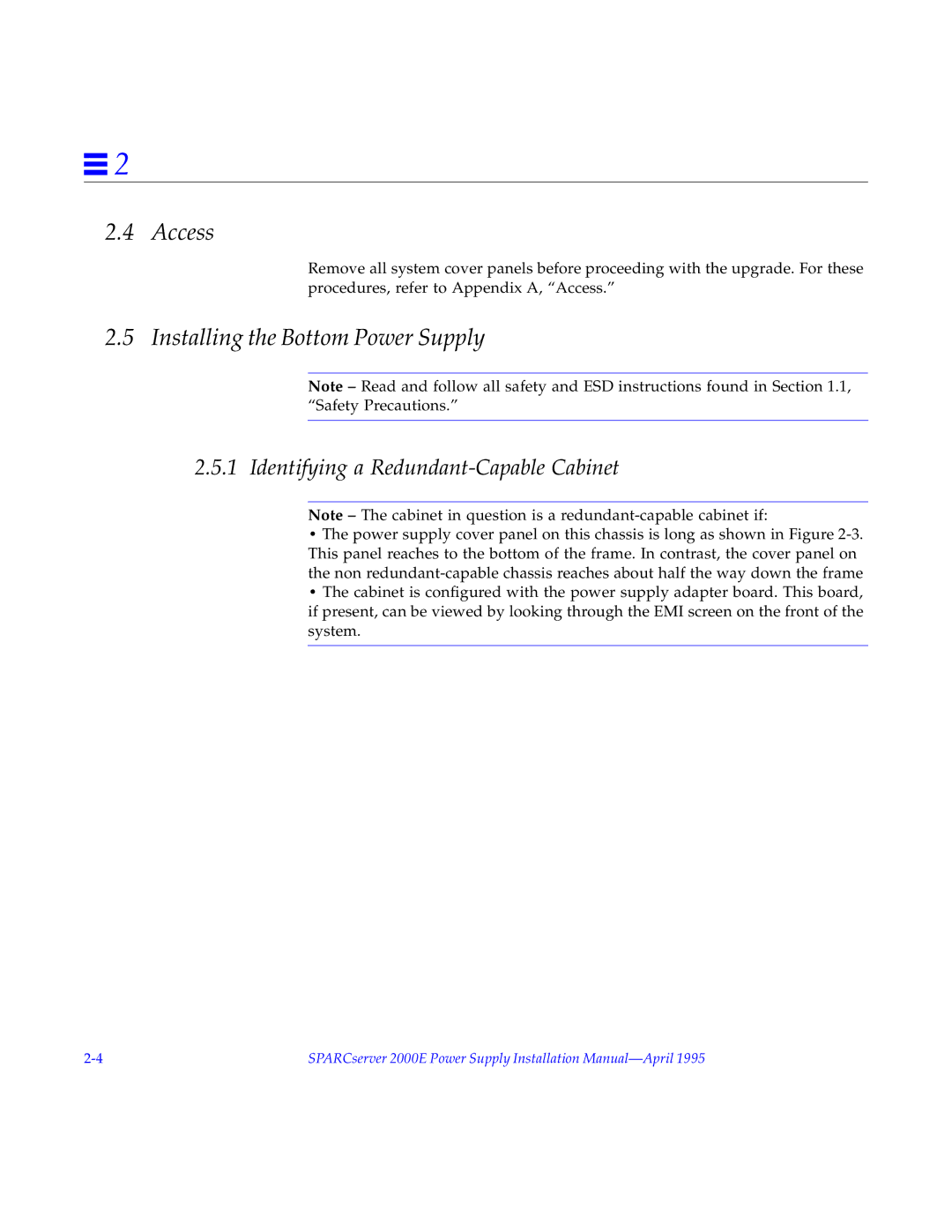 Sun Microsystems 2000E Access, Installing the Bottom Power Supply, Identifying a Redundant-Capable Cabinet 