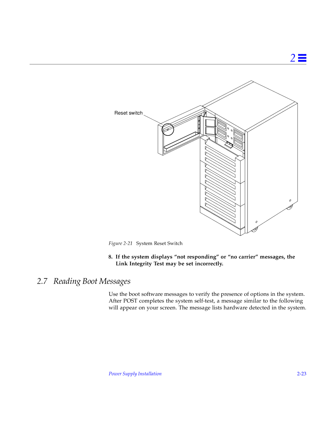 Sun Microsystems 2000E installation manual Reading Boot Messages, 21System Reset Switch 