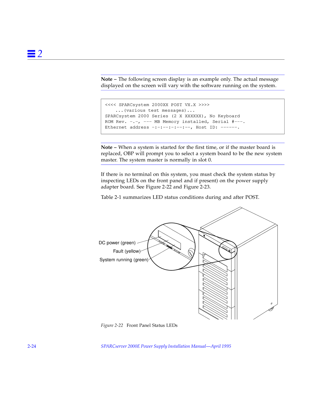 Sun Microsystems 2000E installation manual DC power green Fault yellow System running green 