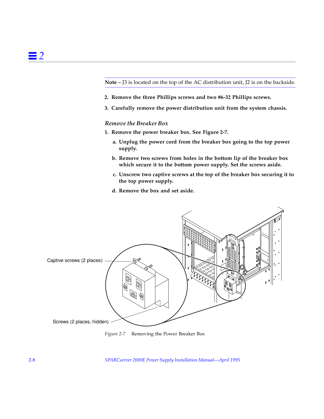 Sun Microsystems 2000E installation manual Remove the Breaker Box 