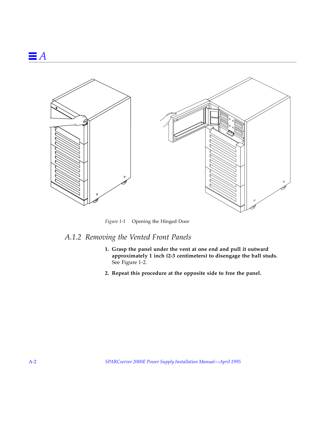 Sun Microsystems A.1.2 Removing the Vented Front Panels, SPARCserver 2000E Power Supply Installation Manual-April 