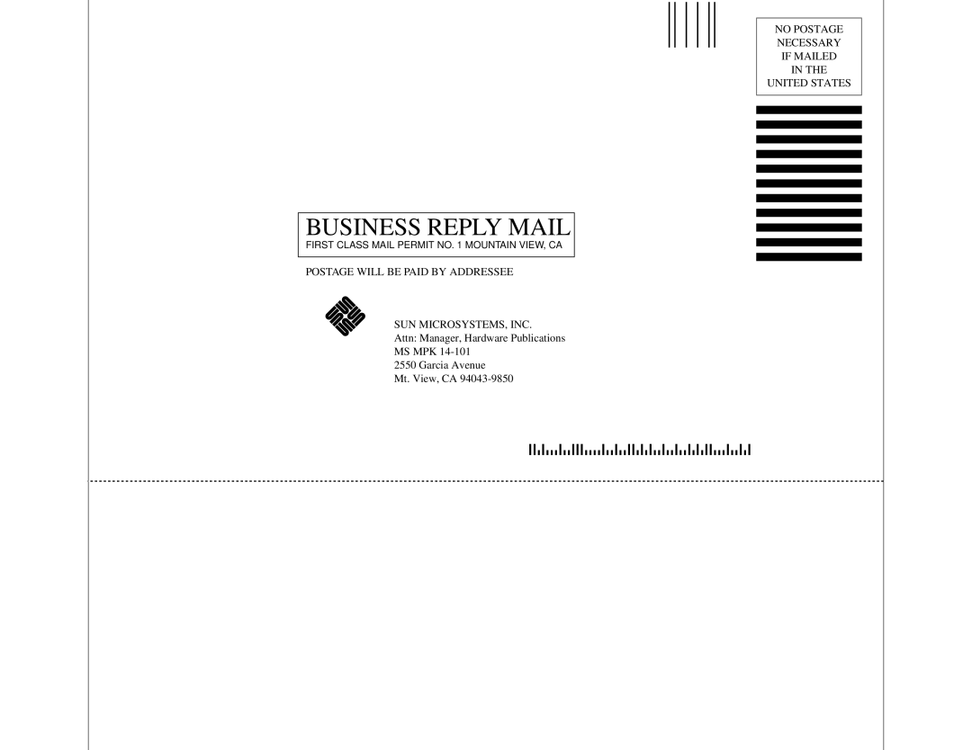 Sun Microsystems 2000E Business Reply Mail, No Postage Necessary If Mailed In The United States, Mt. View, CA 