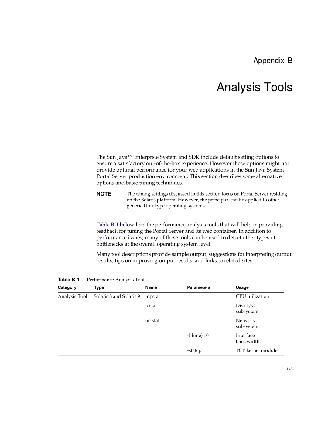 Sun Microsystems 2005Q1 manual Table B-1Performance Analysis Tools 