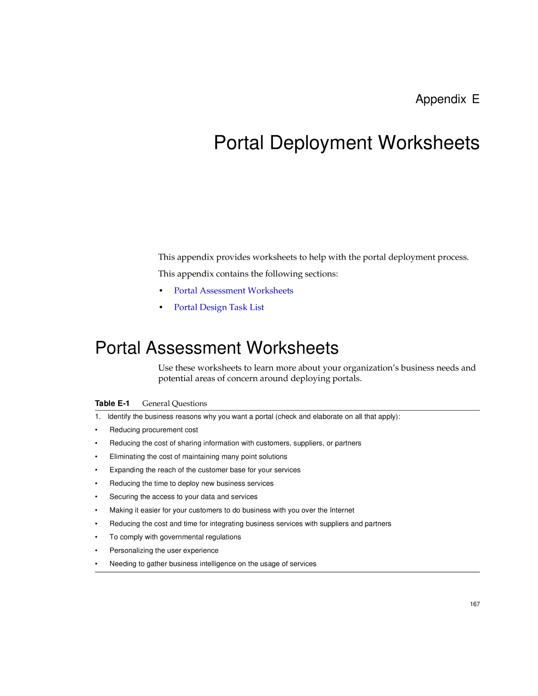 Sun Microsystems 2005Q1 manual Portal Deployment Worksheets, Portal Assessment Worksheets, Table E-1General Questions 