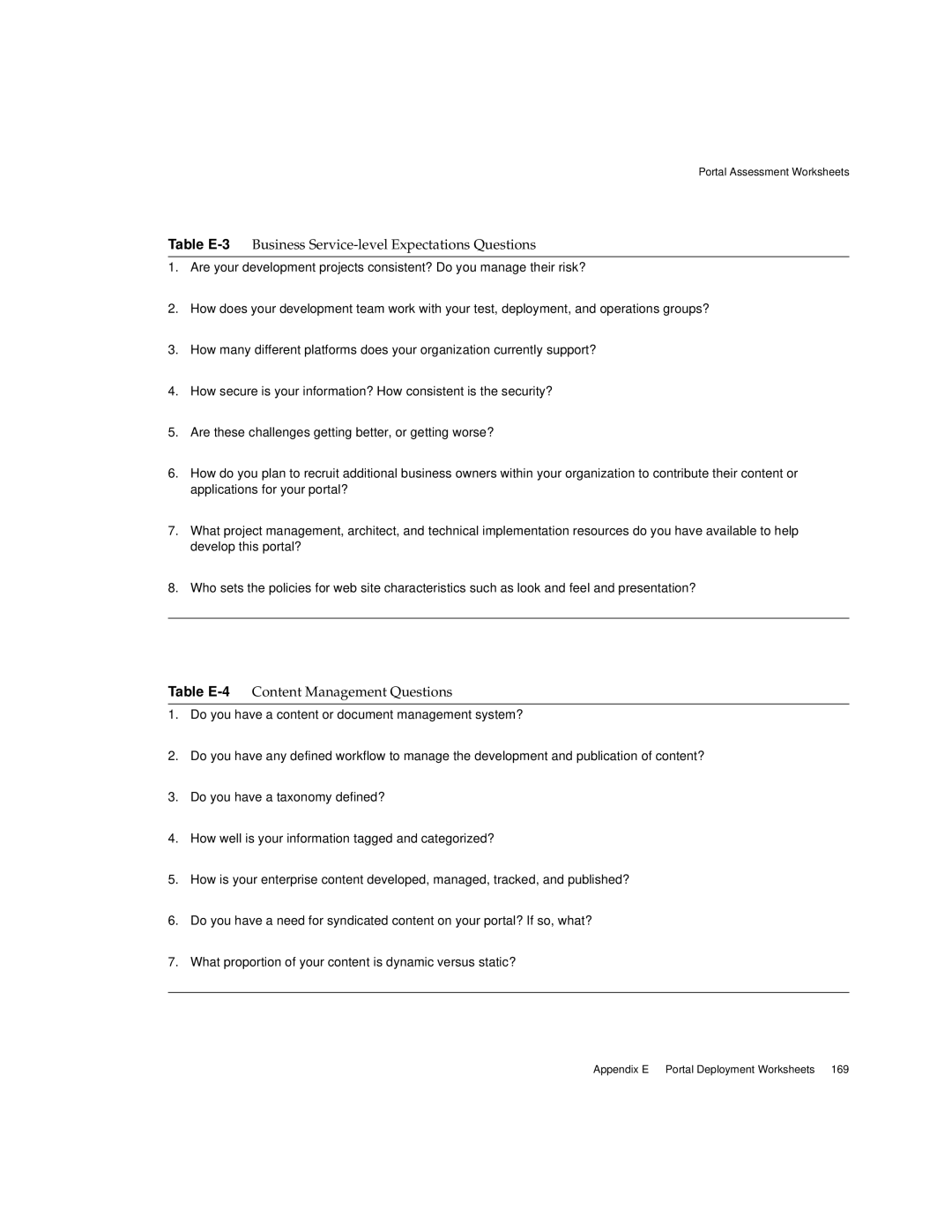 Sun Microsystems 2005Q1 Table E-3Business Service-level Expectations Questions, Table E-4Content Management Questions 