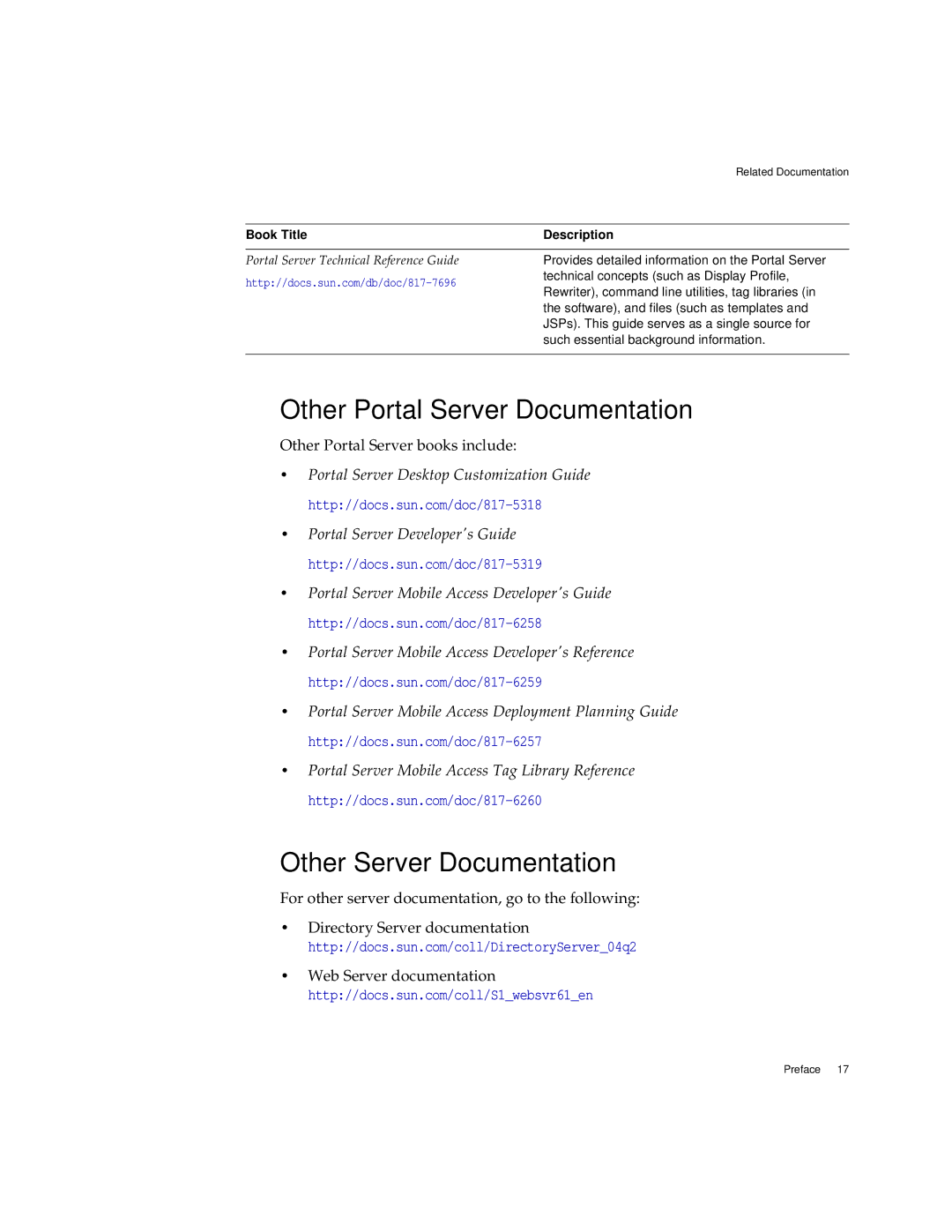 Sun Microsystems 2005Q1 manual Other Portal Server Documentation, Other Server Documentation 