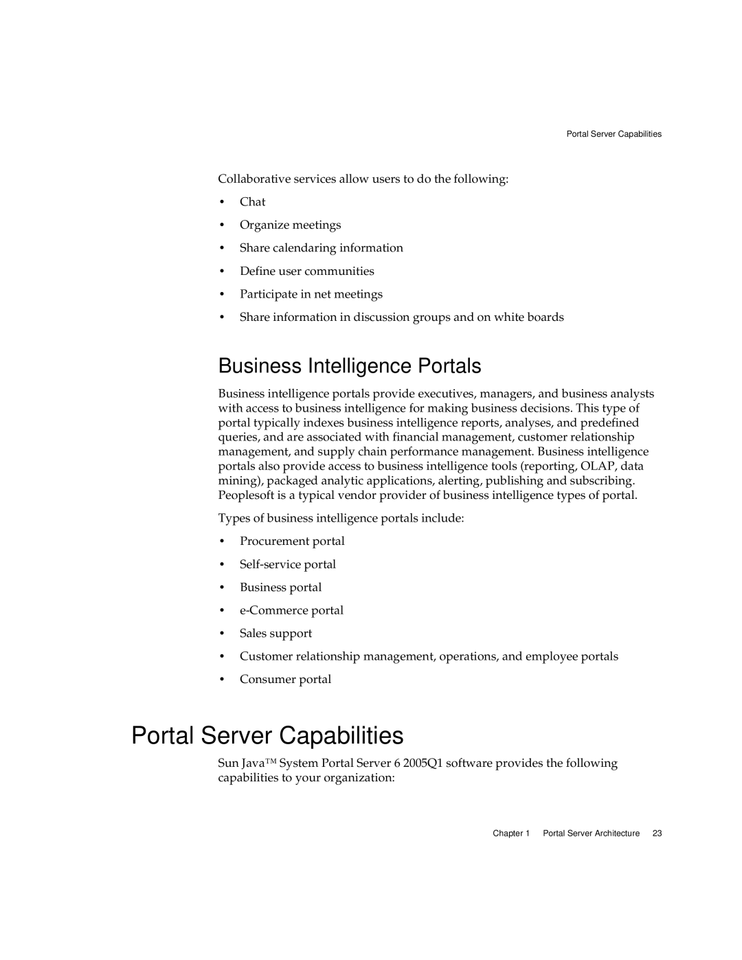 Sun Microsystems 2005Q1 manual Portal Server Capabilities, Business Intelligence Portals 