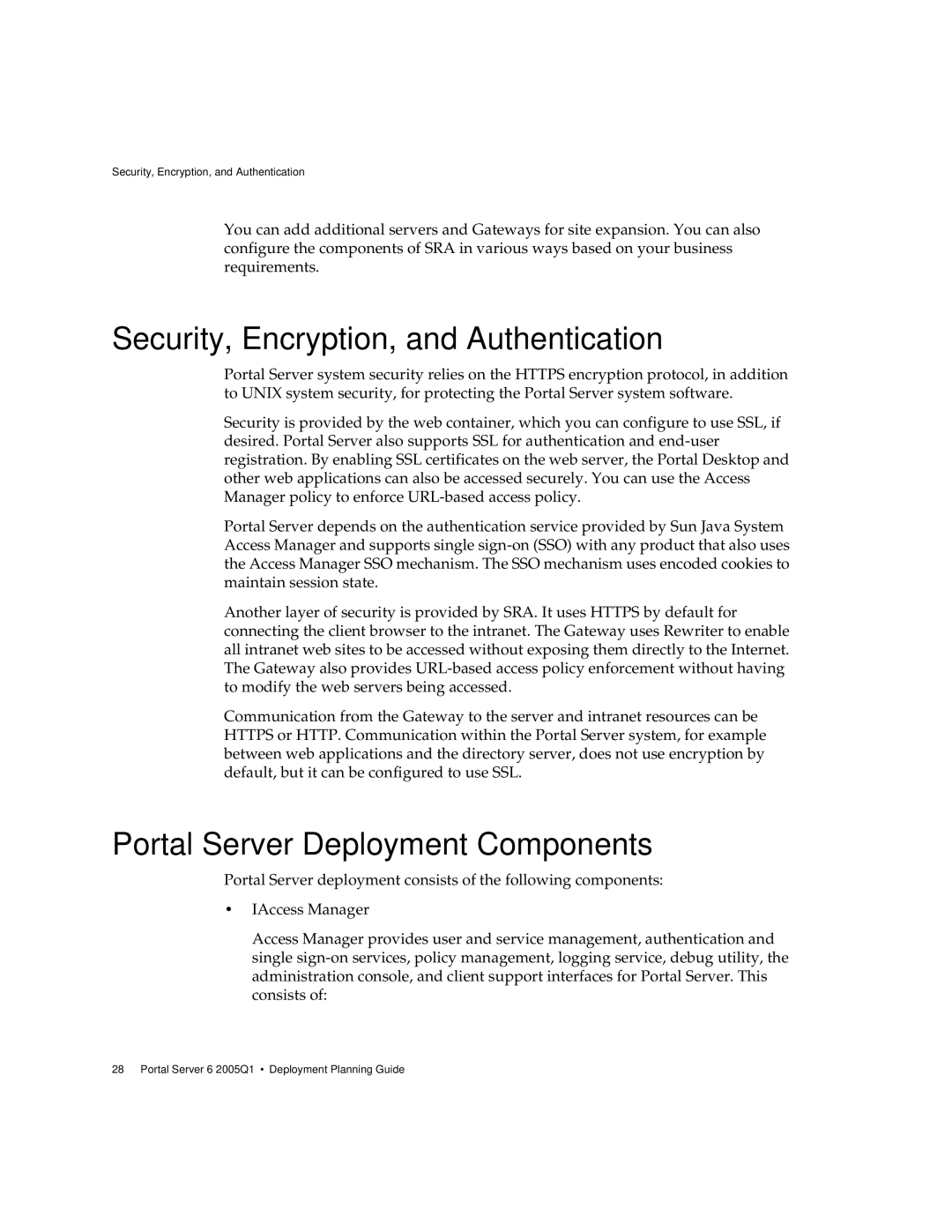 Sun Microsystems 2005Q1 manual Security, Encryption, and Authentication, Portal Server Deployment Components 