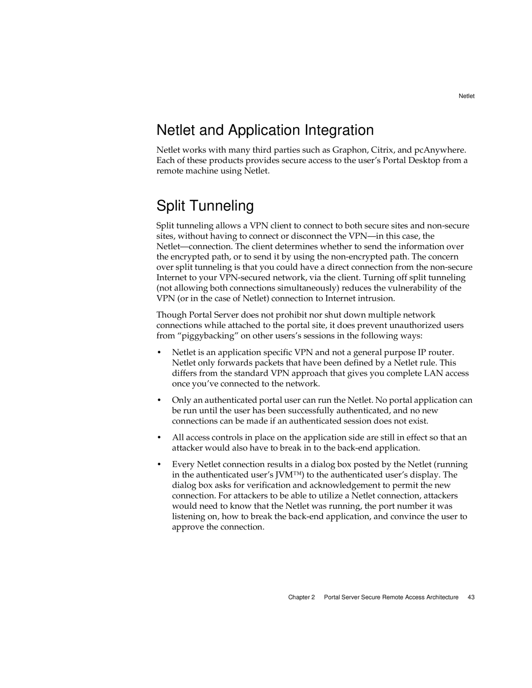 Sun Microsystems 2005Q1 manual Netlet and Application Integration, Split Tunneling 