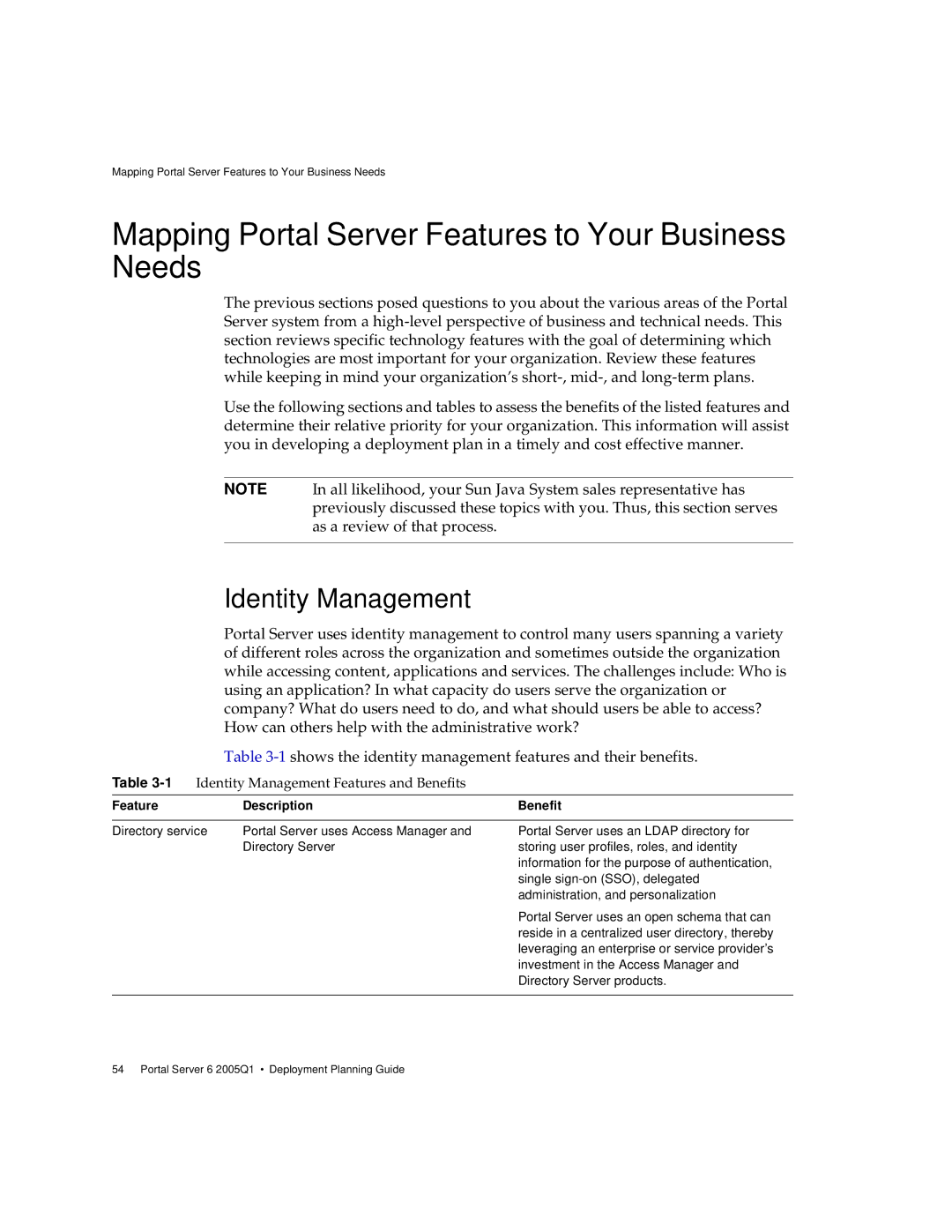 Sun Microsystems 2005Q1 manual Mapping Portal Server Features to Your Business Needs, Identity Management 