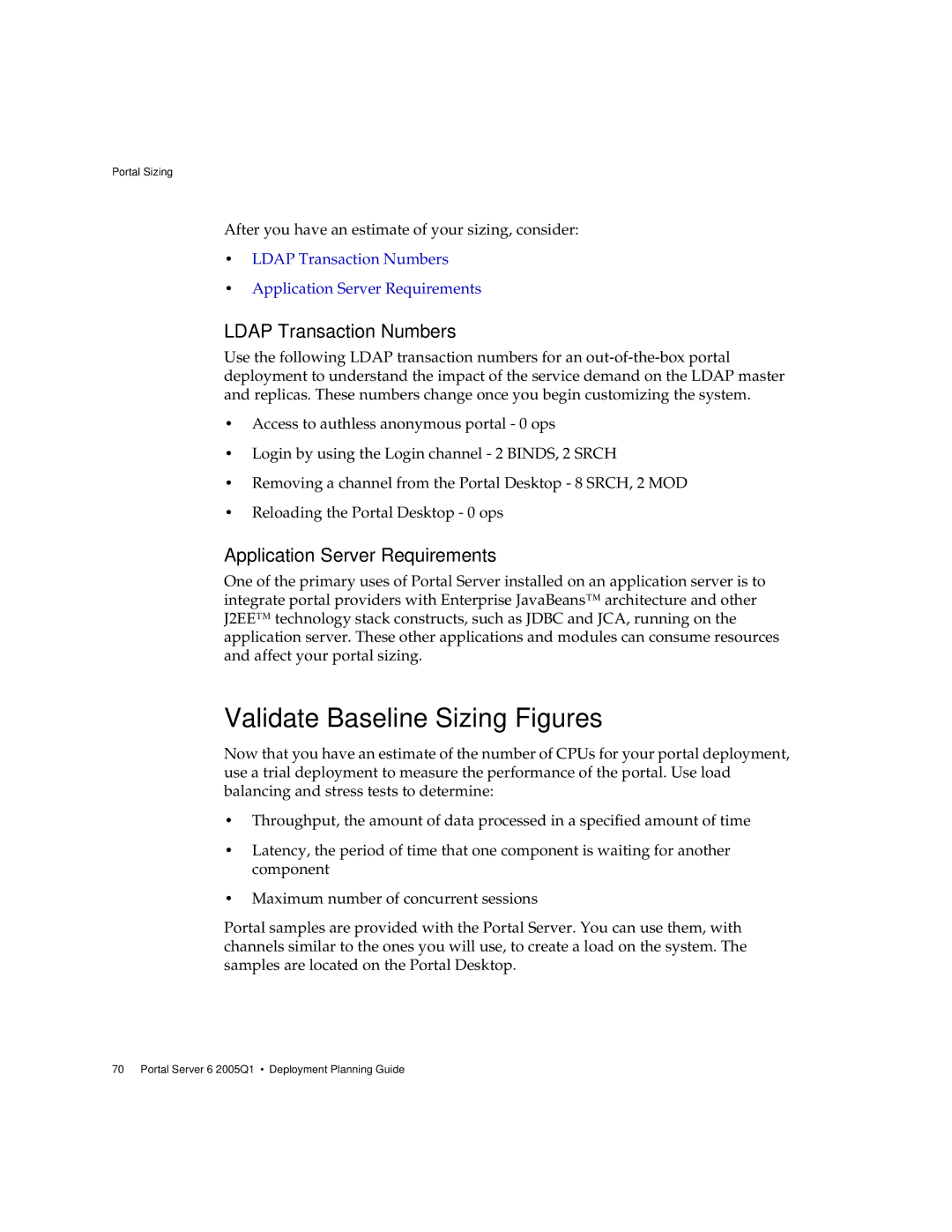 Sun Microsystems 2005Q1 manual Validate Baseline Sizing Figures, Ldap Transaction Numbers, Application Server Requirements 