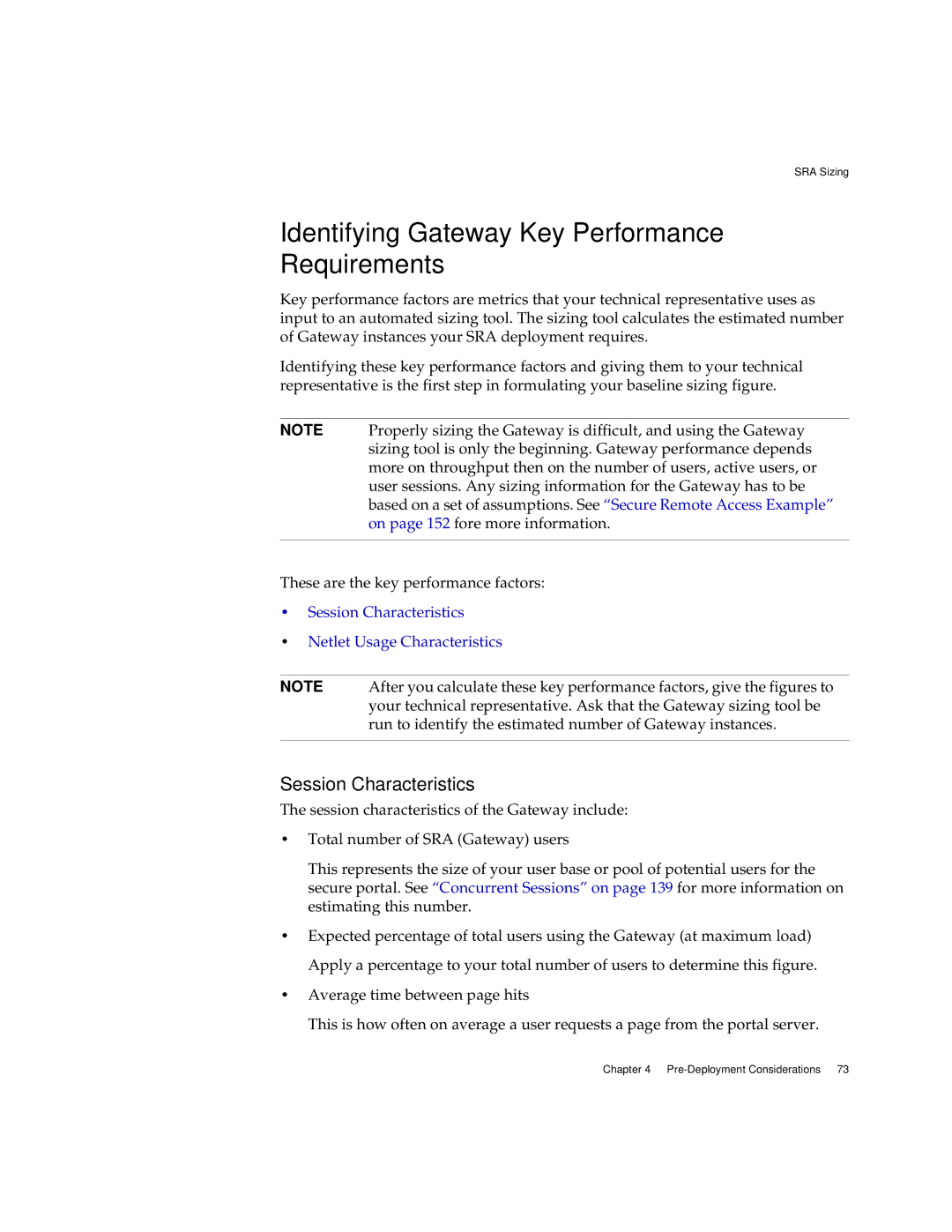 Sun Microsystems 2005Q1 manual Identifying Gateway Key Performance Requirements, Session Characteristics 