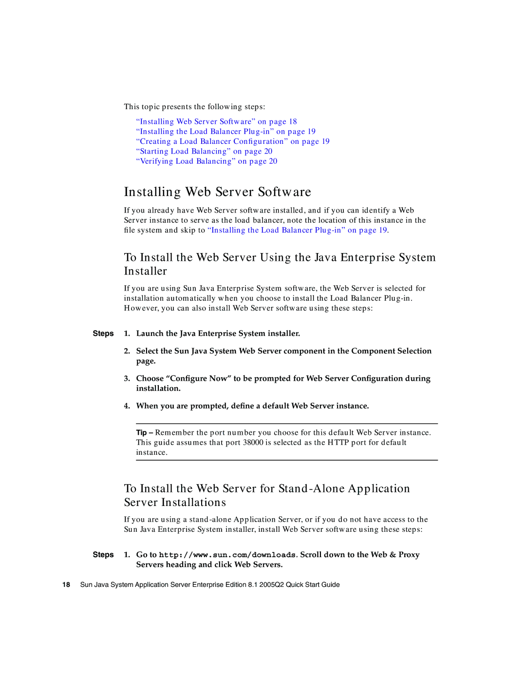 Sun Microsystems 2005Q2 quick start Installing Web Server Software 