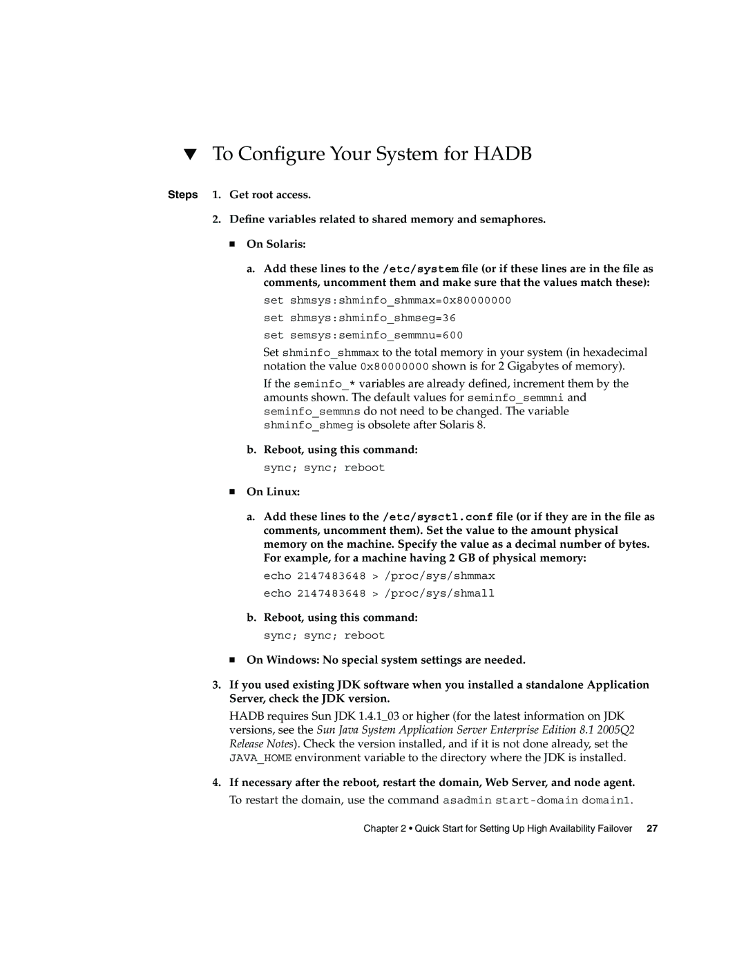 Sun Microsystems 2005Q2 quick start To Conﬁgure Your System for Hadb 