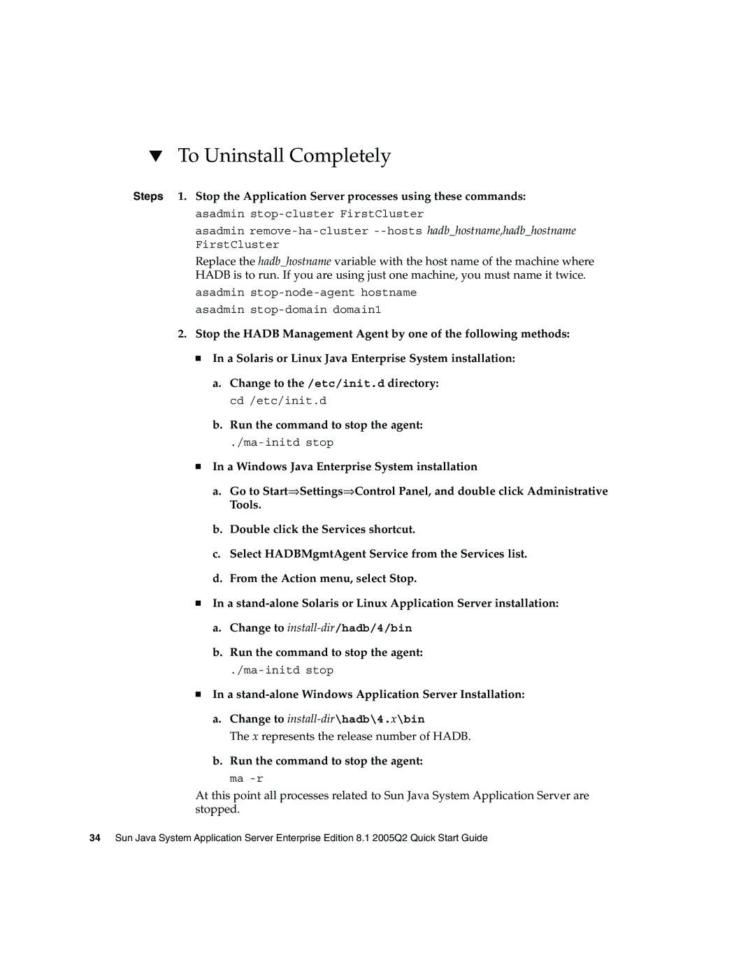 Sun Microsystems 2005Q2 quick start To Uninstall Completely, A stand-alone Windows Application Server Installation 