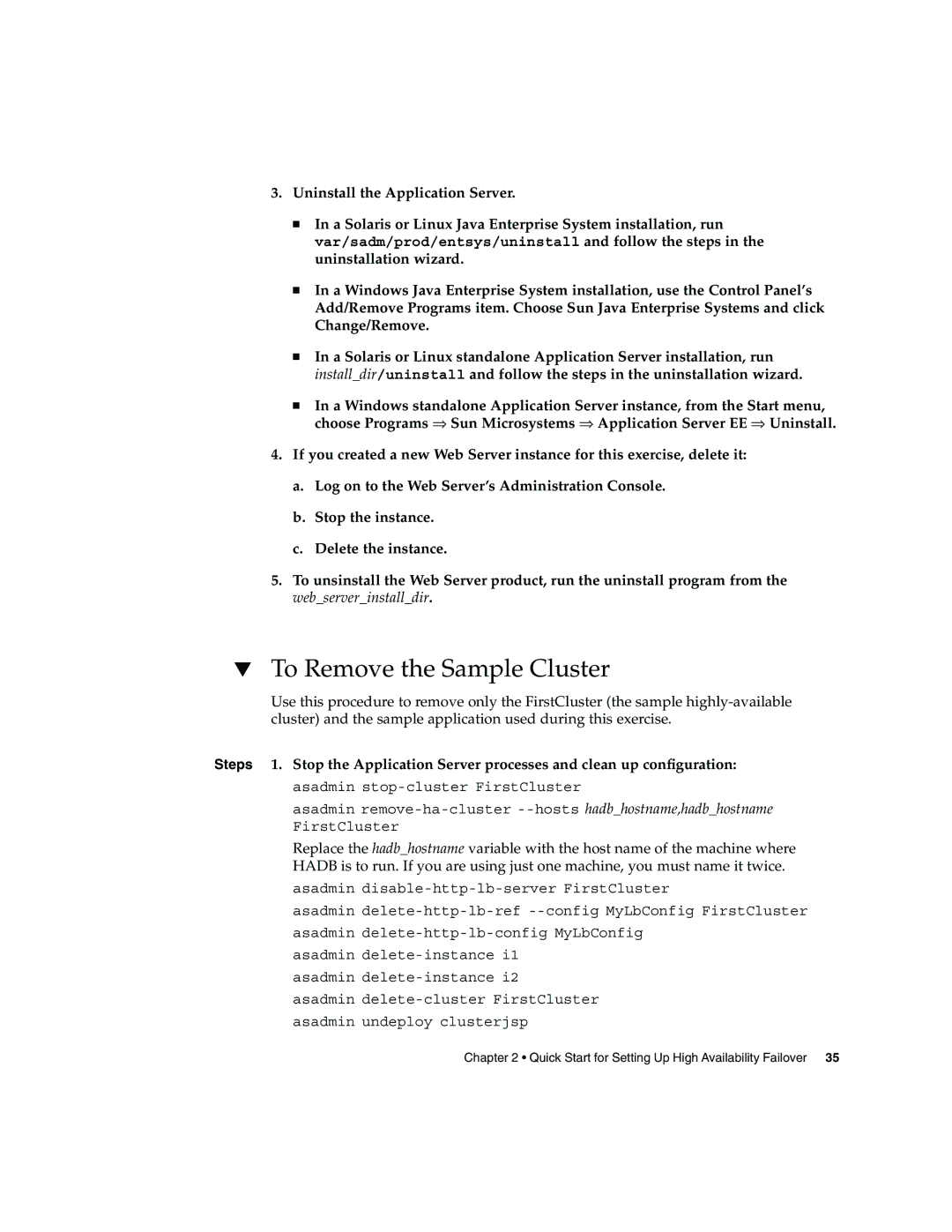 Sun Microsystems 2005Q2 quick start To Remove the Sample Cluster 