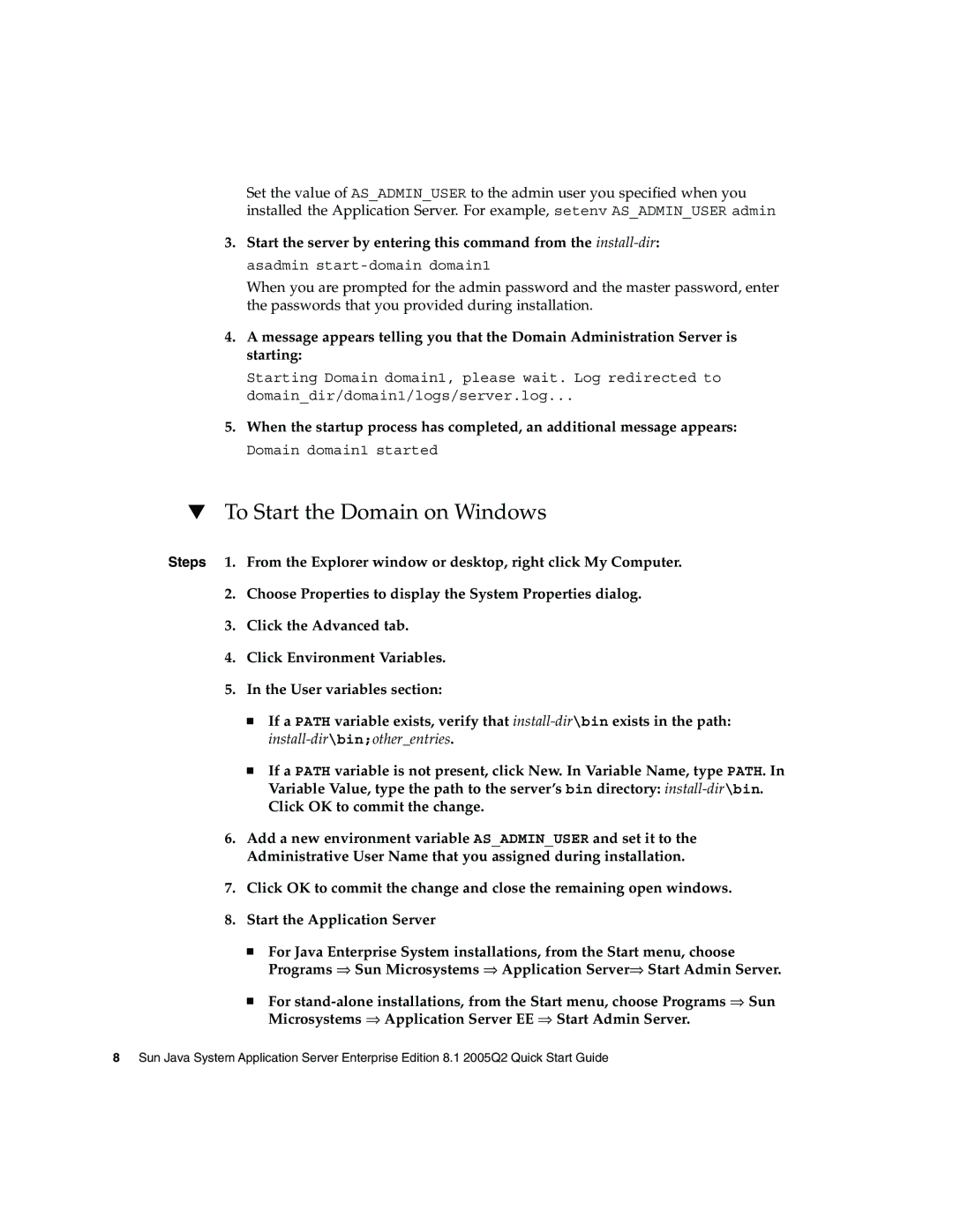 Sun Microsystems 2005Q2 quick start To Start the Domain on Windows 