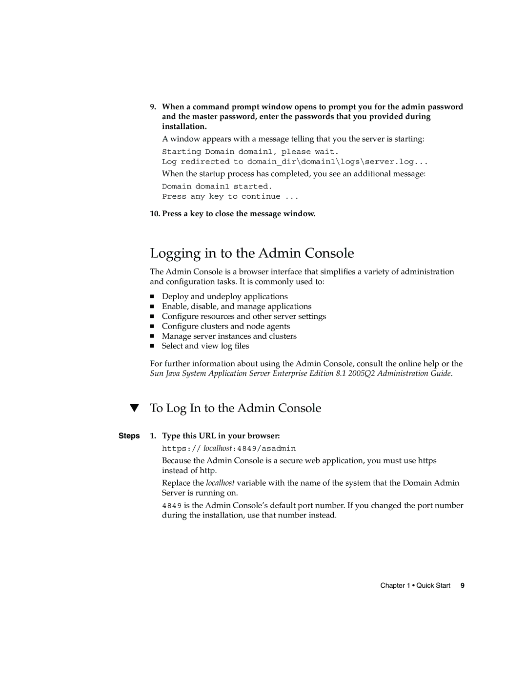 Sun Microsystems 2005Q2 quick start Logging in to the Admin Console, To Log In to the Admin Console 